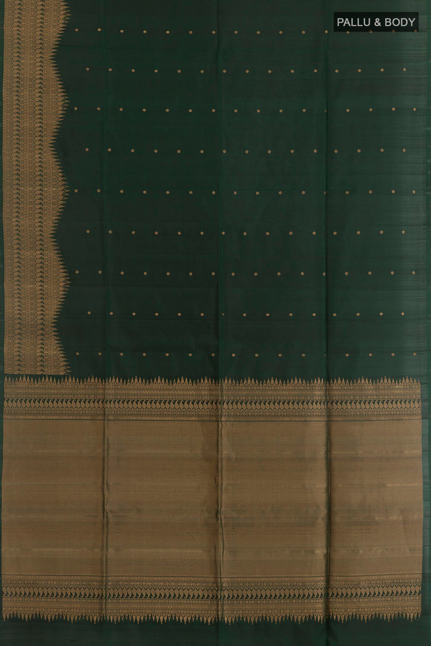 Flat view of Black Soft Silk Saree with Zari Butta on the body and Zari Border. 