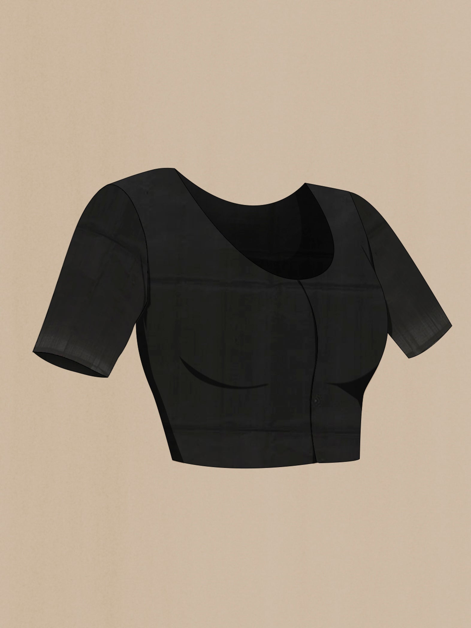 Close up image of the blouse of Black Soft Silk Saree with Zari Butta on the body and Zari Border. 