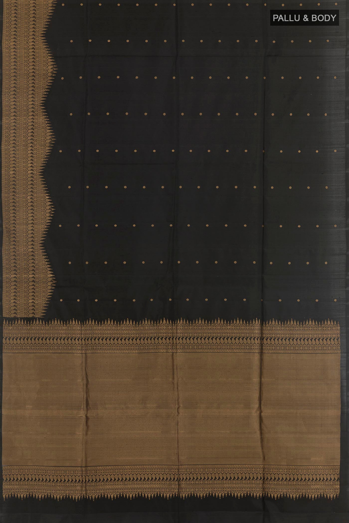 Flat view of Black Soft Silk Saree with Zari Butta on the body and Zari Border. 