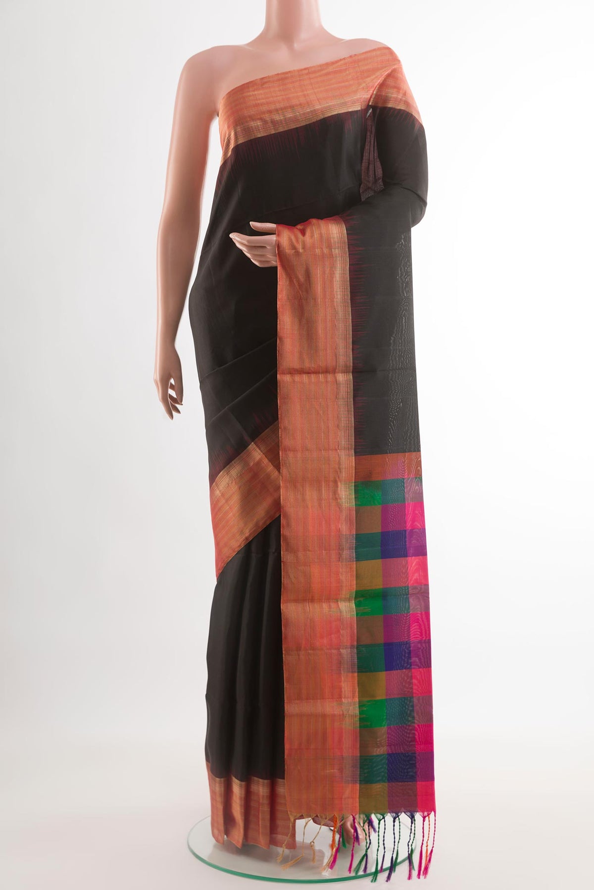 Black Soft Silk Saree with Plain Body and Zari Border.  displayed on a mannequin