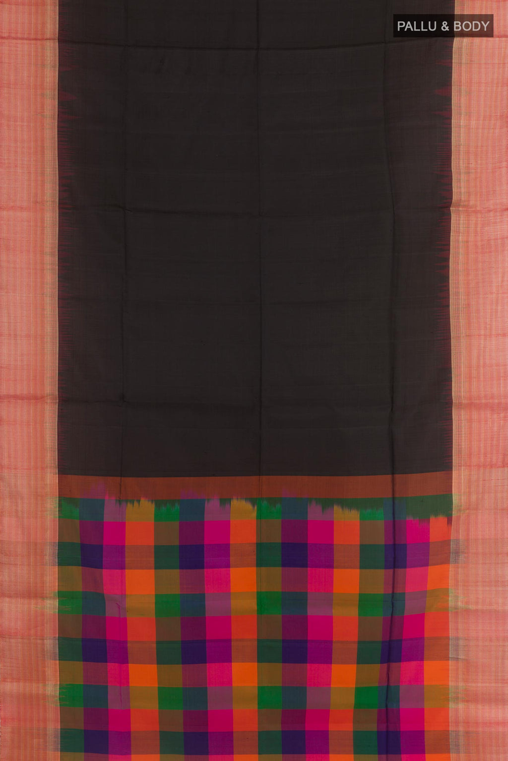 Flat view of Black Soft Silk Saree with Plain Body and Zari Border. 