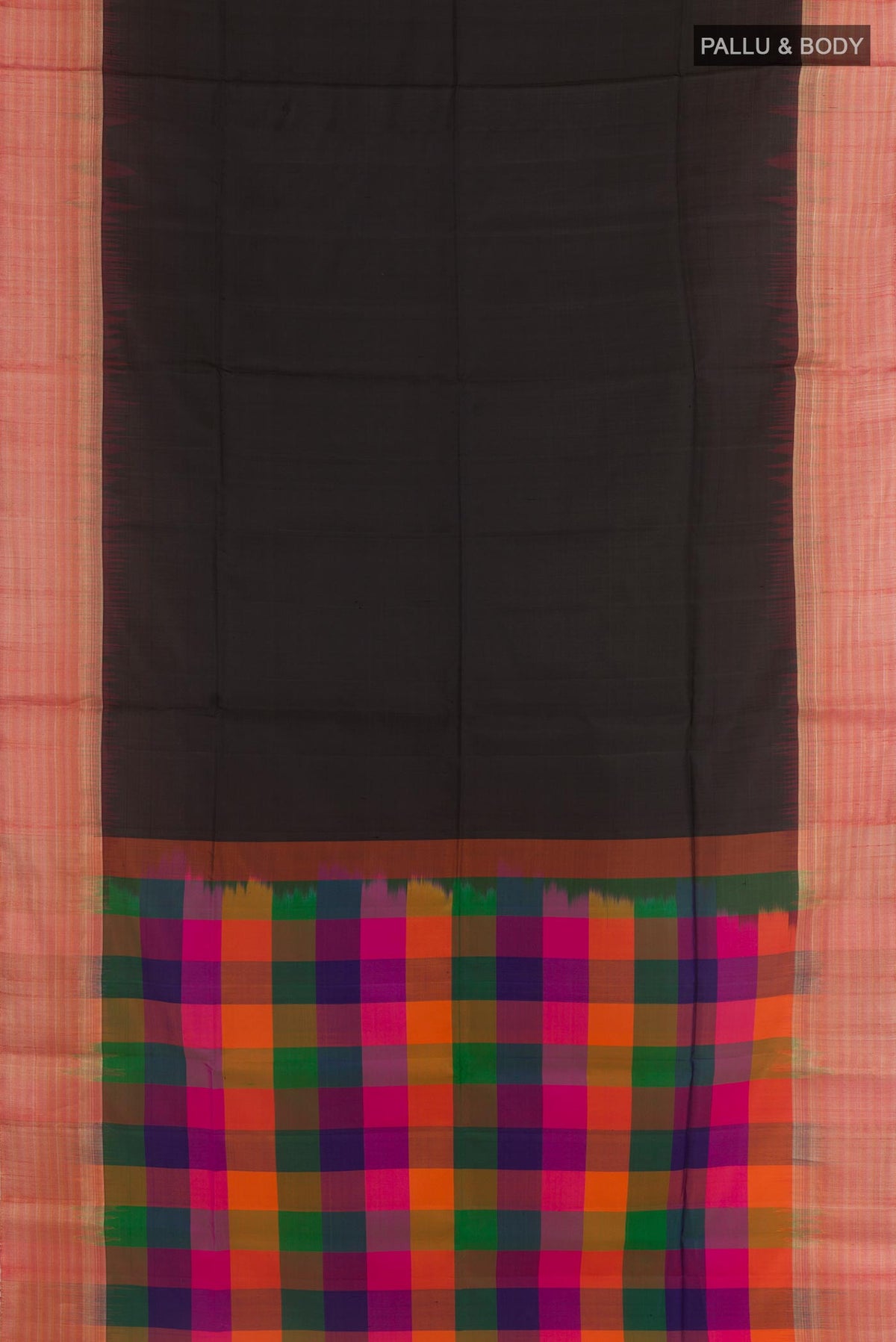 Flat view of Black Soft Silk Saree with Plain Body and Zari Border. 
