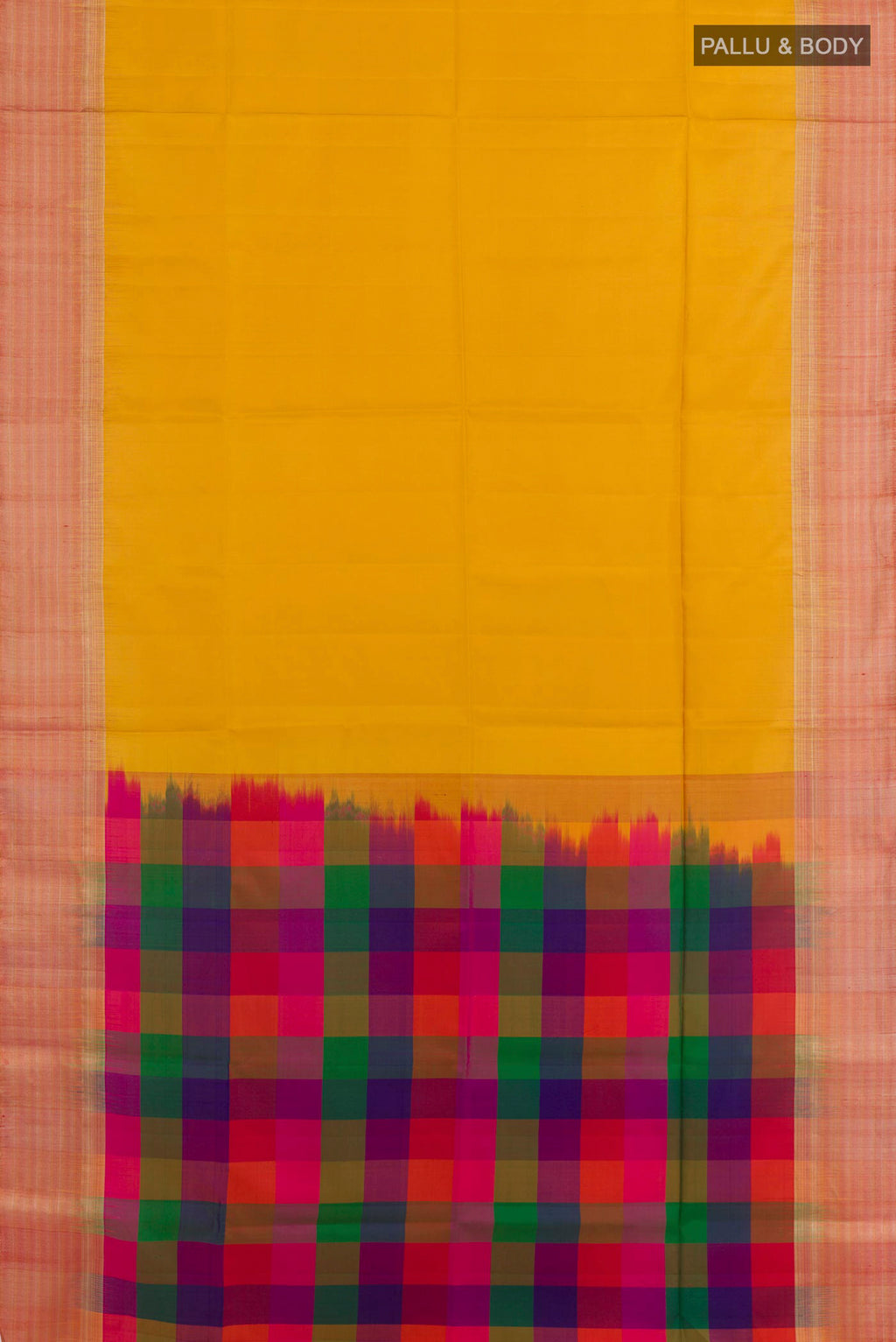 Flat view of Yellow Soft Silk Saree with Plain Body and Zari Border. 
