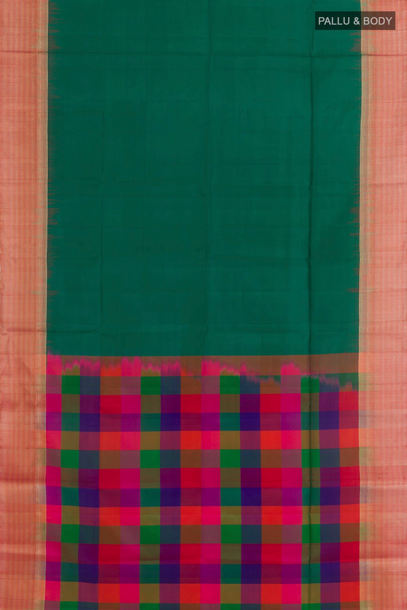 Flat view of Green Soft Silk Saree with Plain Body and Zari Border. 