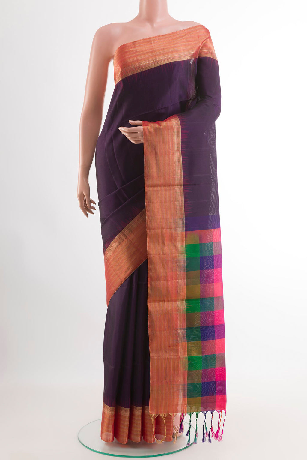 Purple Soft Silk Saree with Plain Body and Zari Border.  displayed on a mannequin