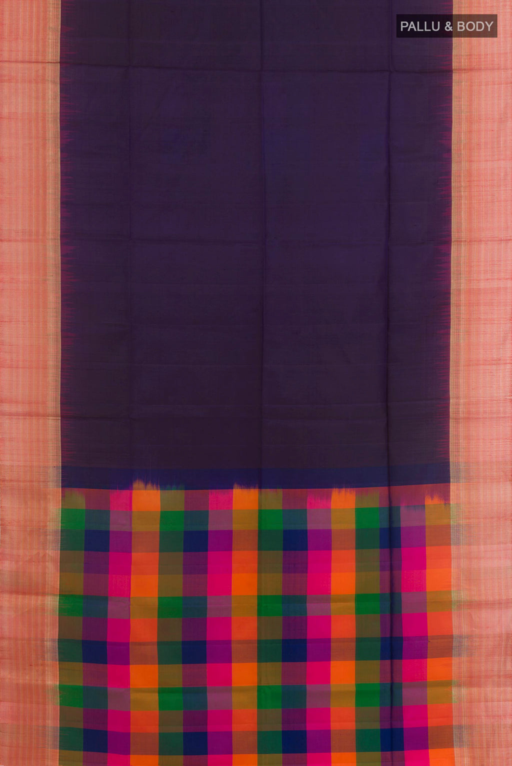 Flat view of Purple Soft Silk Saree with Plain Body and Zari Border. 