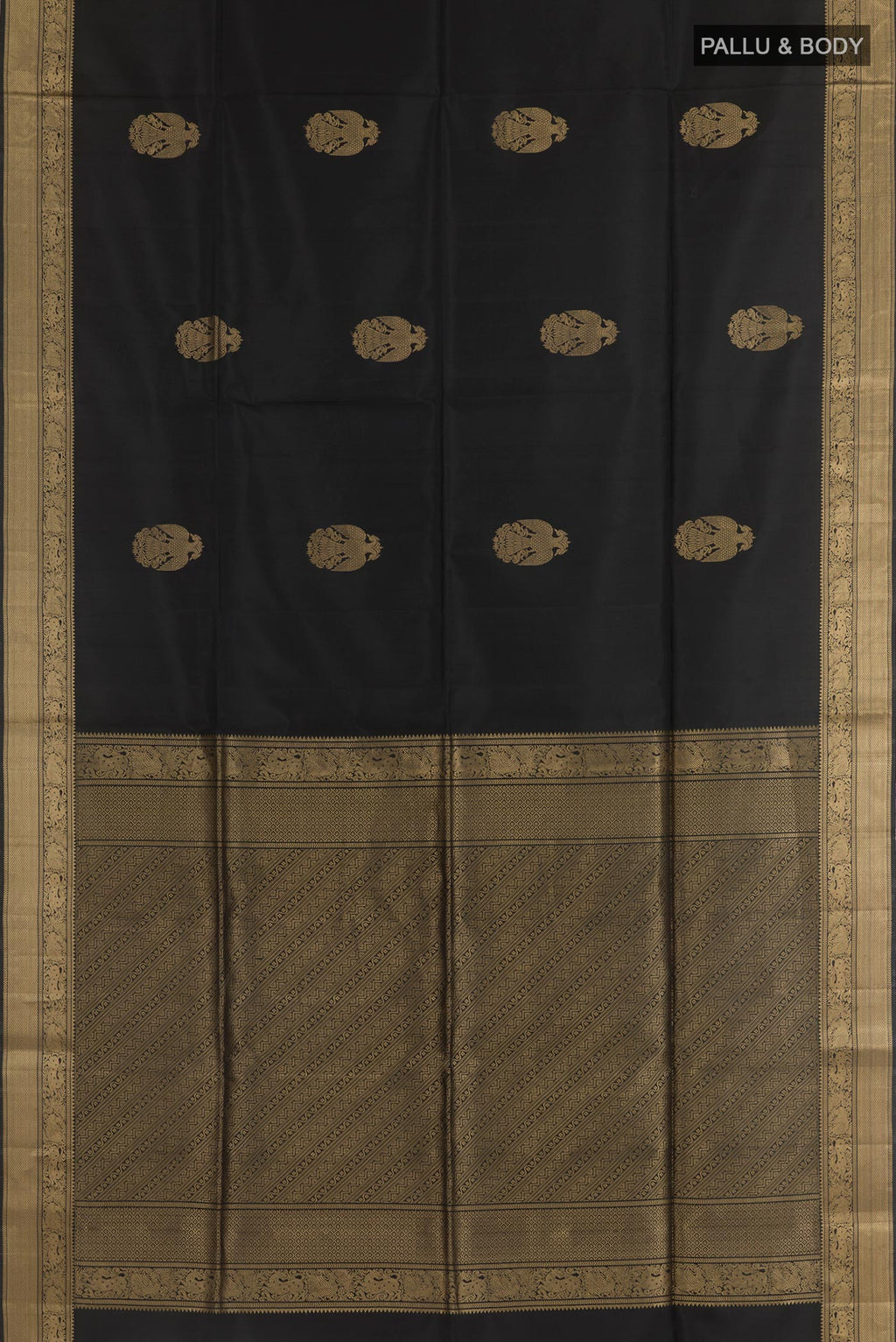 Flat view of Black Soft Silk Saree with Checked design on the body and Zari Border. 