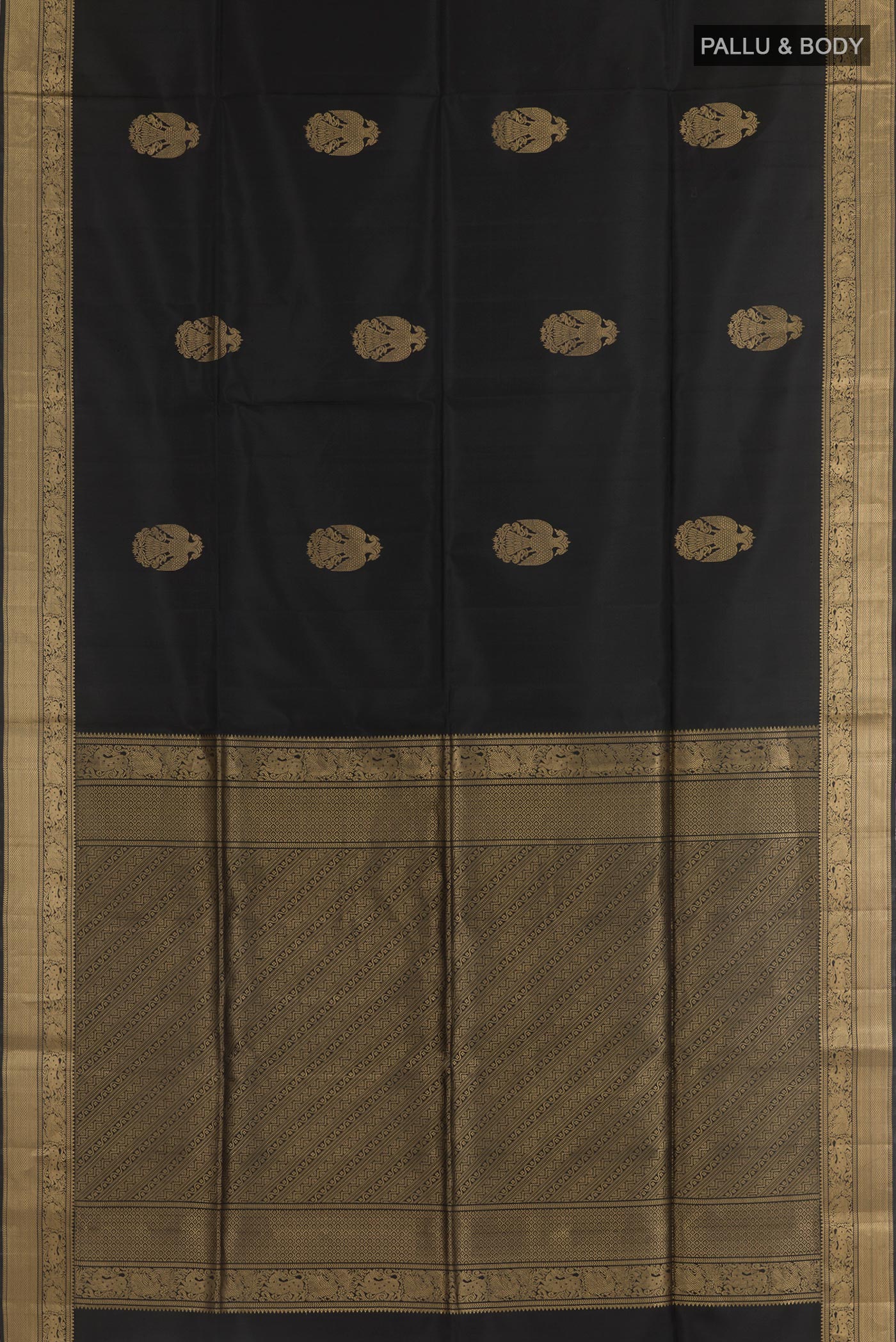 Flat view of Black Soft Silk Saree with Checked design on the body and Zari Border. 