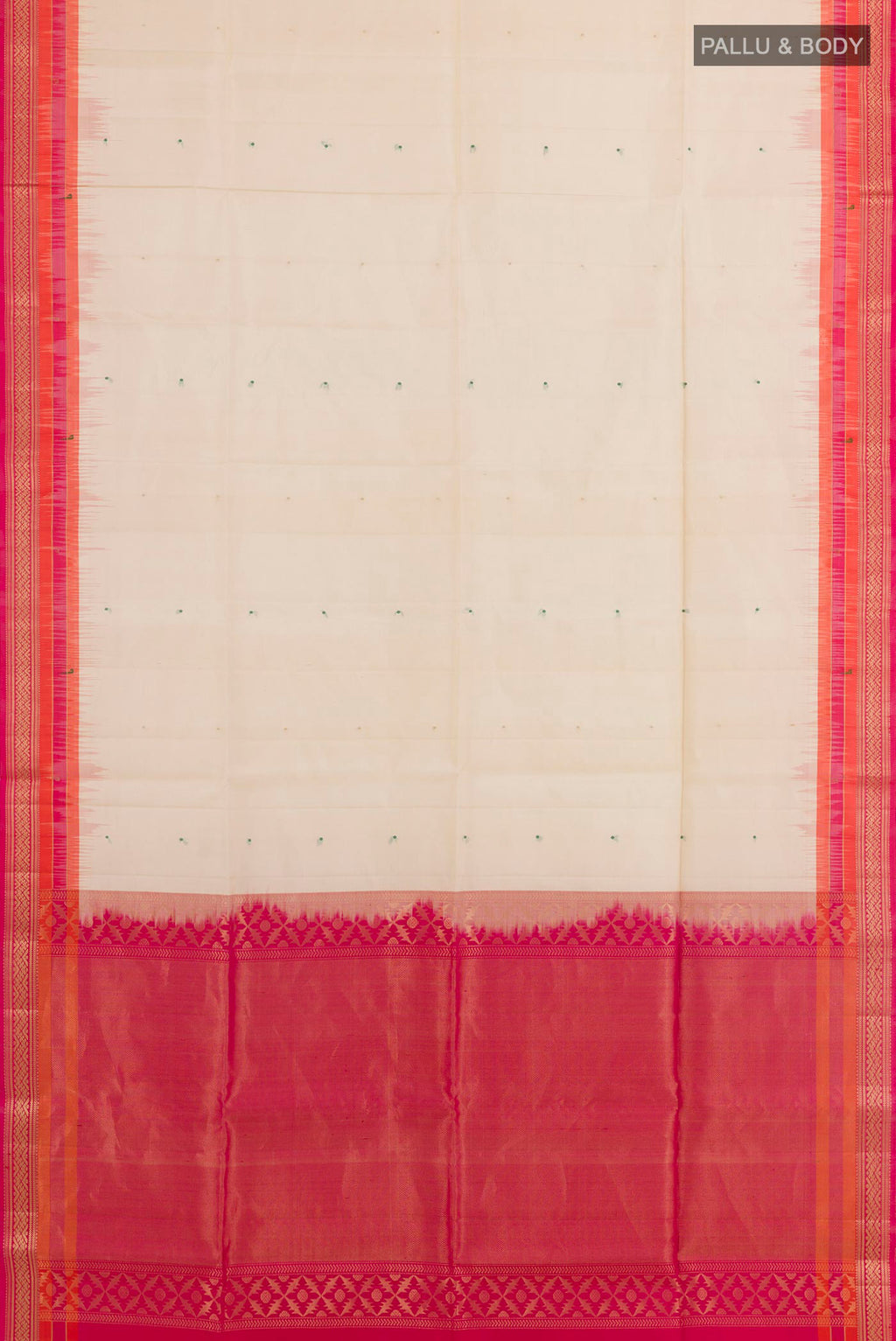 Flat view of Off White Soft Silk Saree with Zari Butta on the body and Zari Border. 