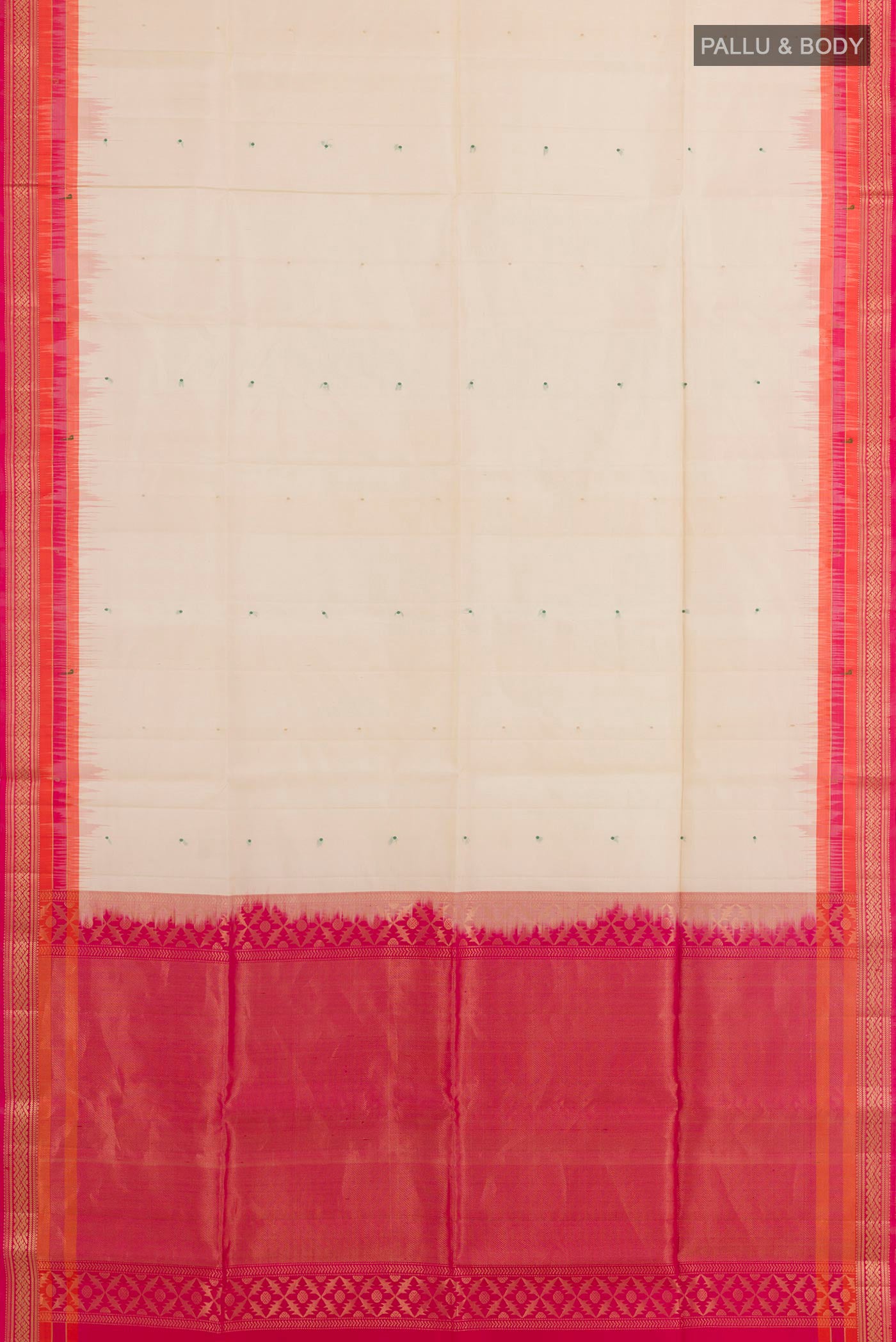 Flat view of Off White Soft Silk Saree with Zari Butta on the body and Zari Border. 