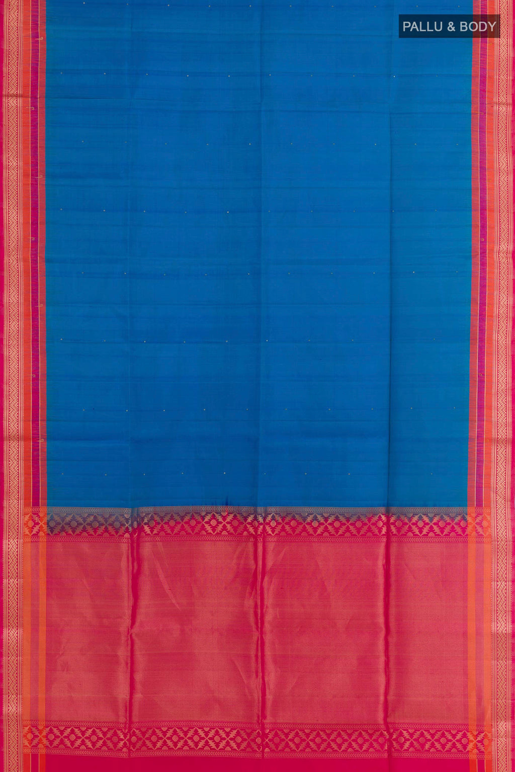Flat view of Blue Soft Silk Saree with Zari Butta on the body and Zari Border. 