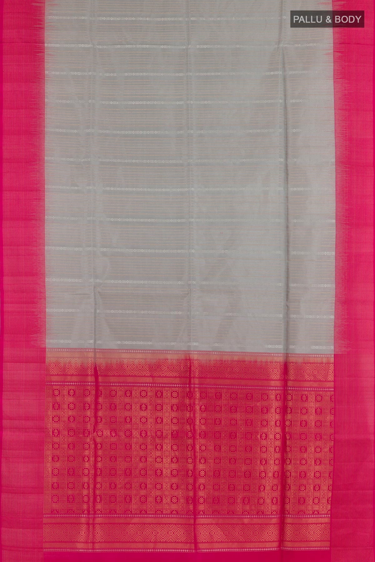 Flat view of Grey Soft Silk Saree with Stripes on the body and Zari Border. 