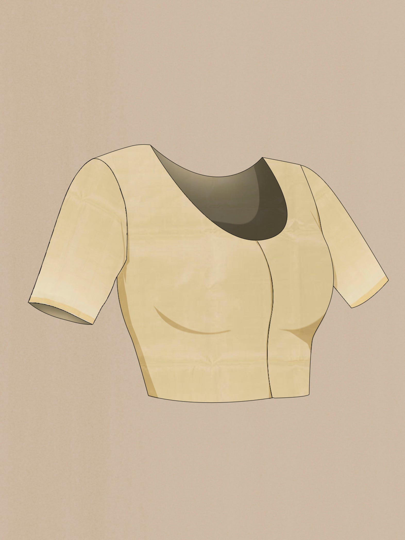 Close up image of the blouse of Cream Soft Silk Saree with Stripes on the body and Zari Border. 