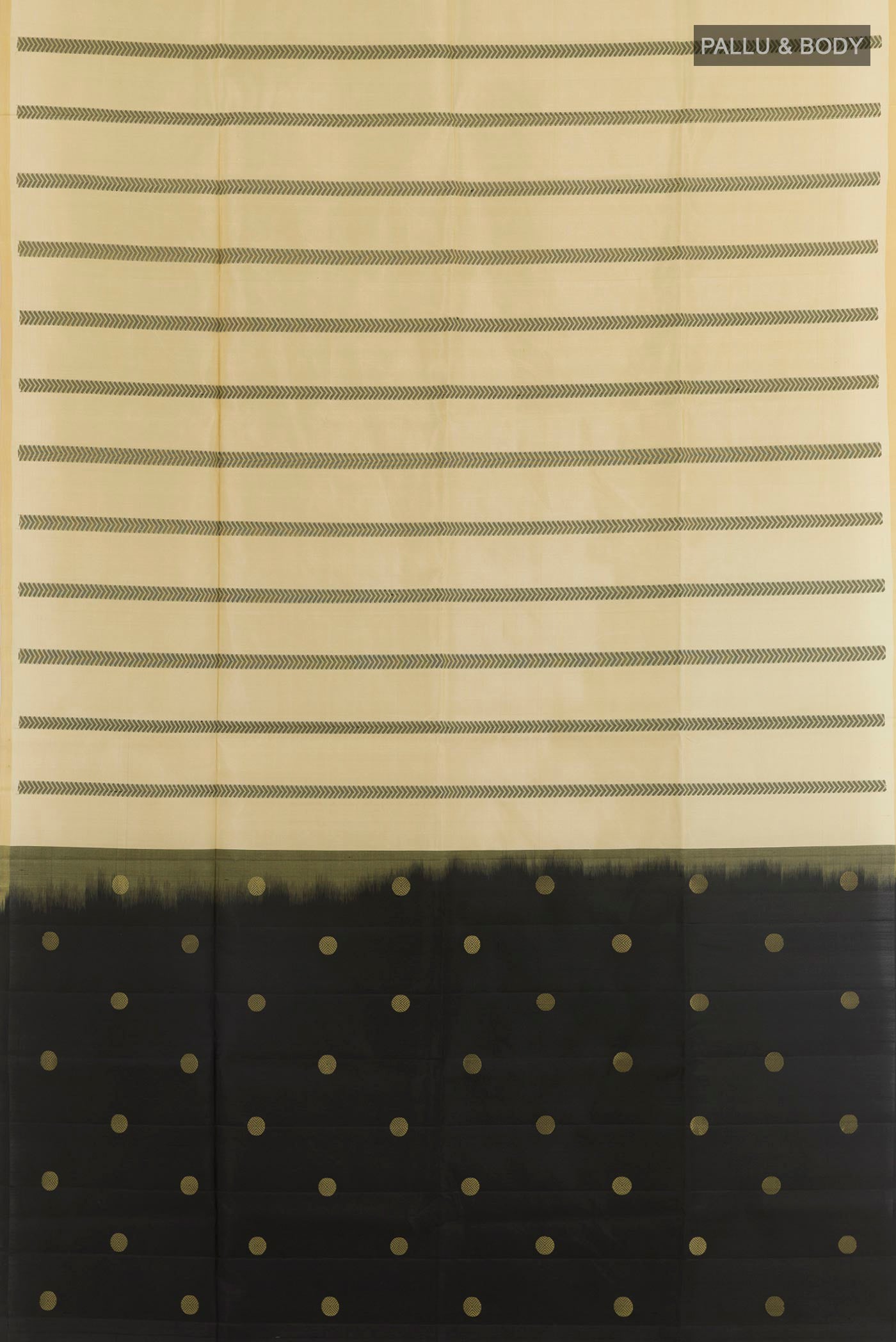Flat view of Cream Soft Silk Saree with Stripes on the body and Zari Border. 