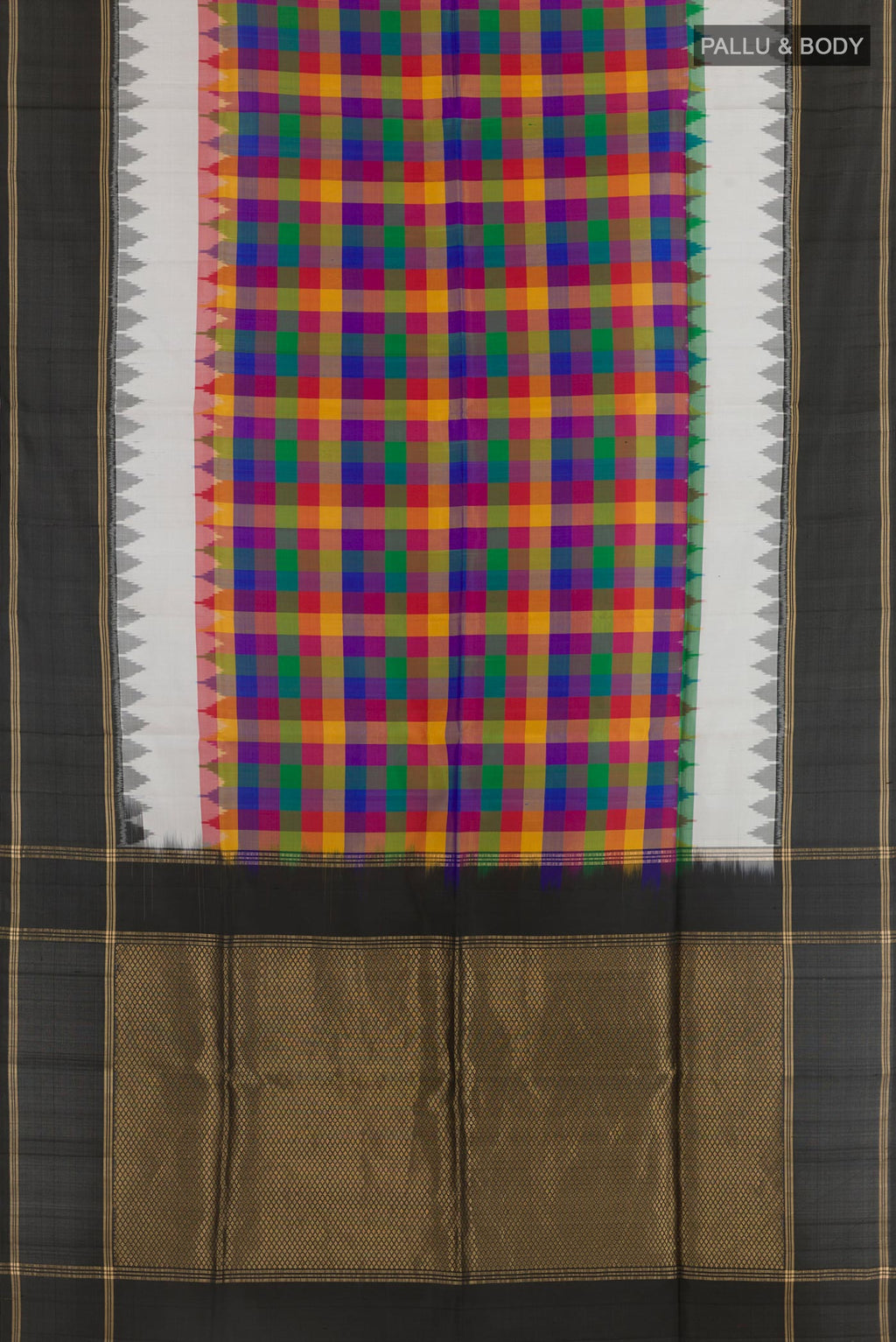 Flat view of Multi Color Soft Silk Saree with Checked design on the body and Zari Border. 