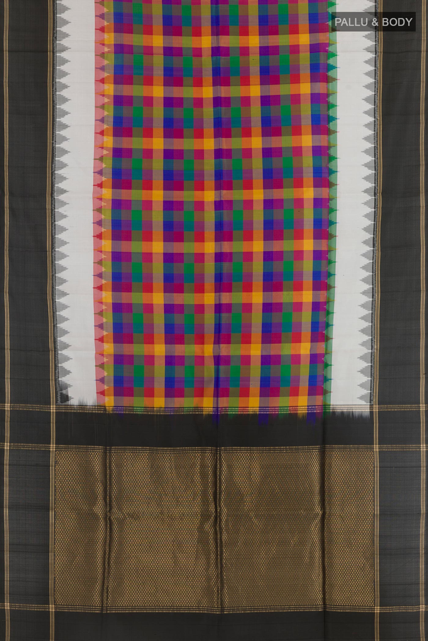 Flat view of Multi Color Soft Silk Saree with Checked design on the body and Zari Border. 