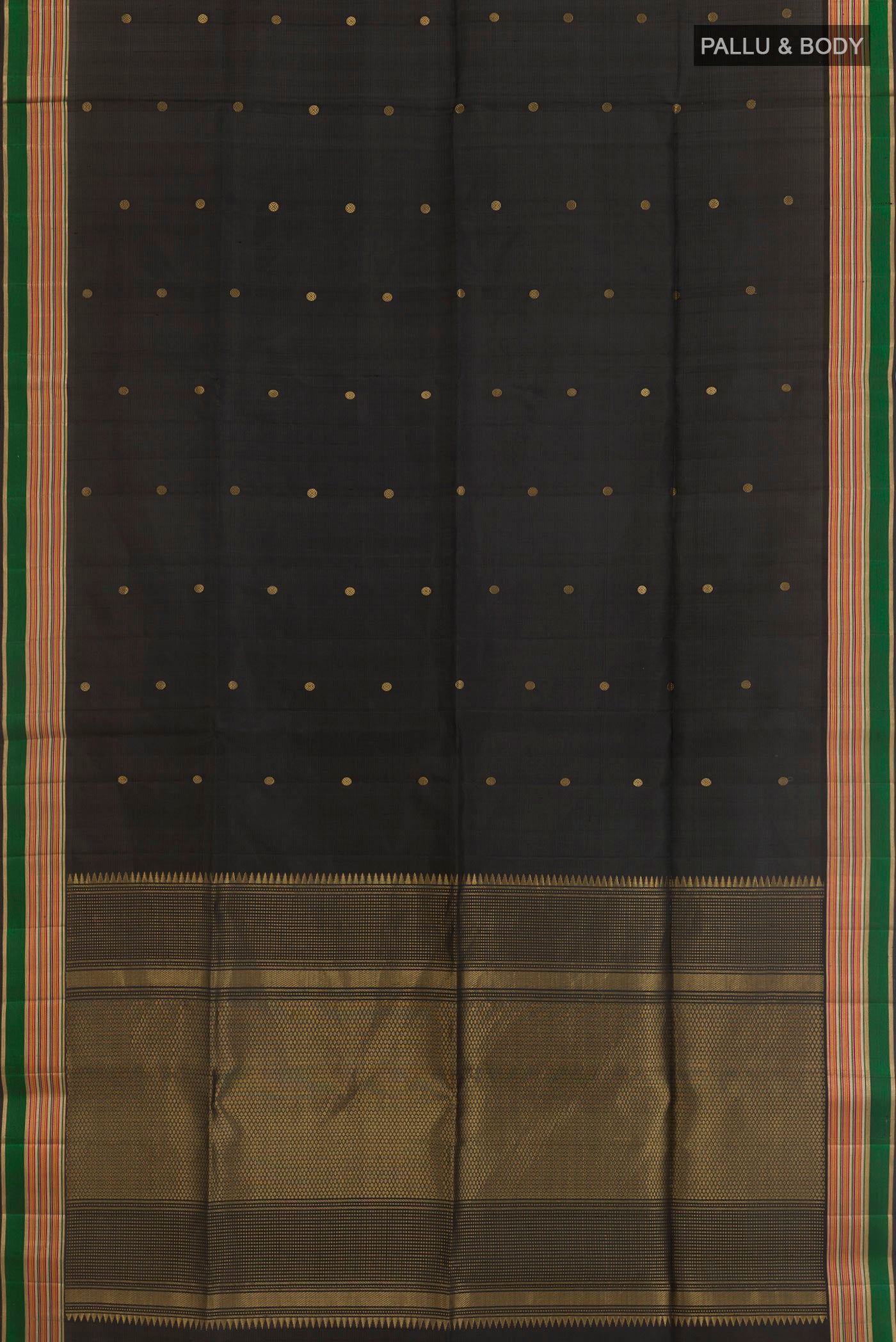 Flat view of Black Soft Silk Saree with Zari Butta on the body and Zari Border. 