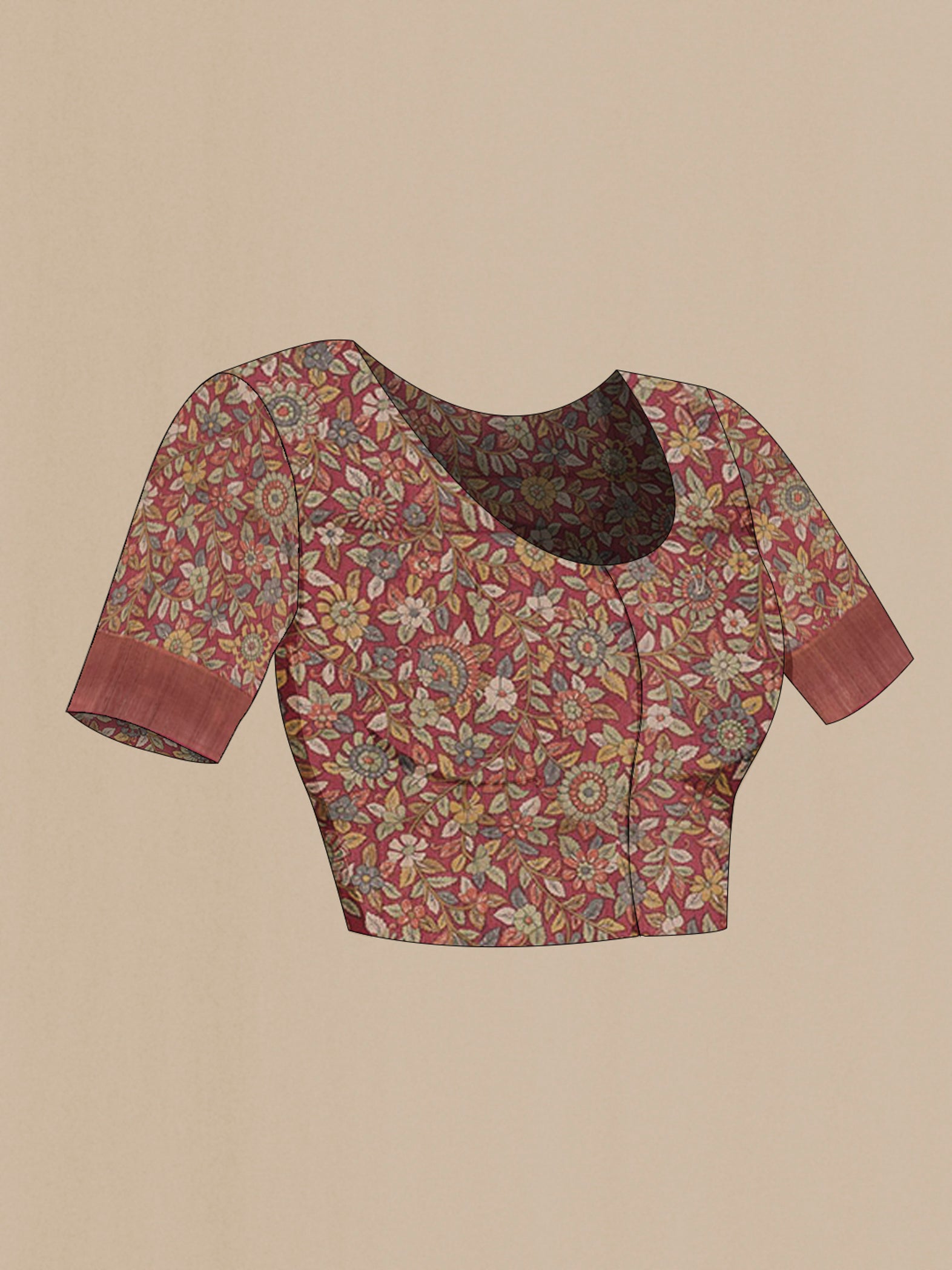 Close up image of the blouse of Maroon Tussar Saree with Thread Butta on the body and Zari Border. 