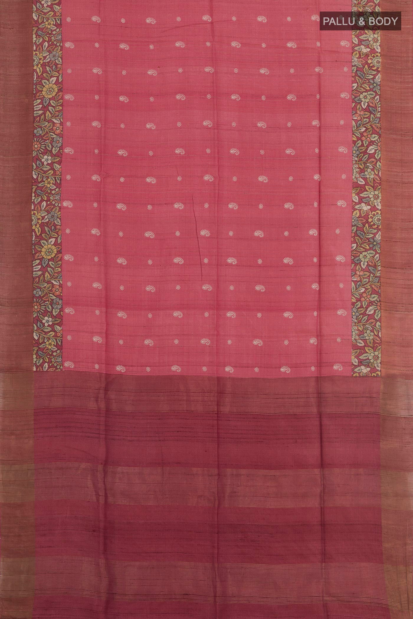 Flat view of Maroon Tussar Saree with Thread Butta on the body and Zari Border. 
