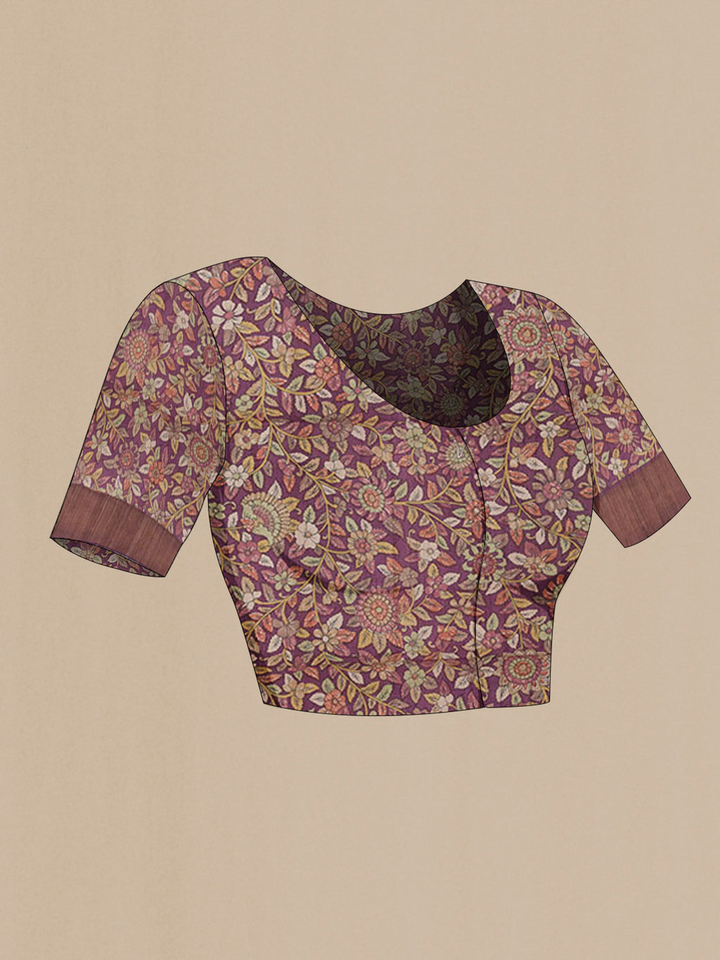 Close up image of the blouse of Purple Tussar Saree with Thread Butta on the body and Zari Border. 