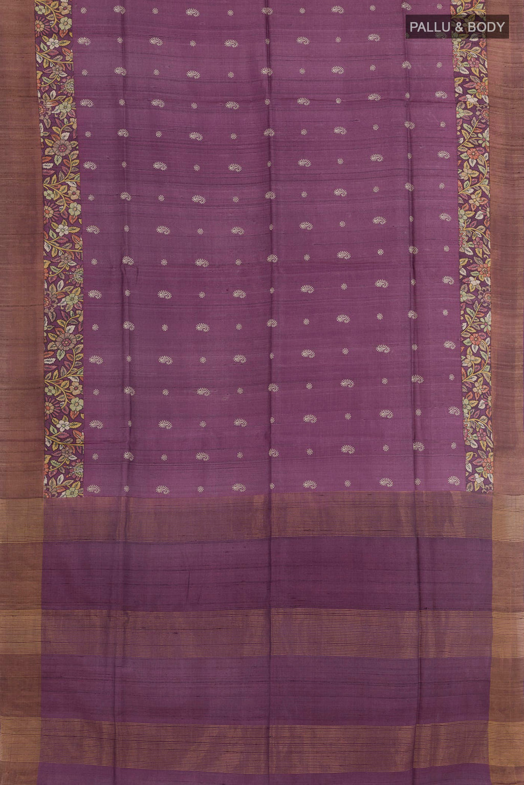 Flat view of Purple Tussar Saree with Thread Butta on the body and Zari Border. 