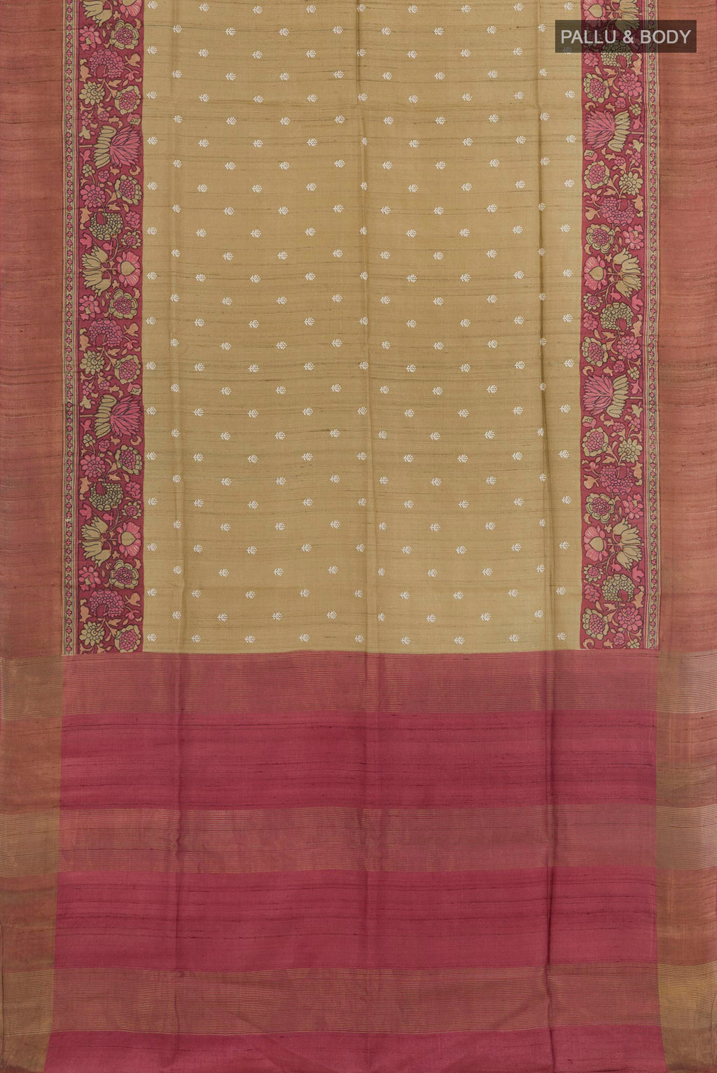 Flat view of Beige Tussar Saree with Thread Butta on the body and Zari Border. 