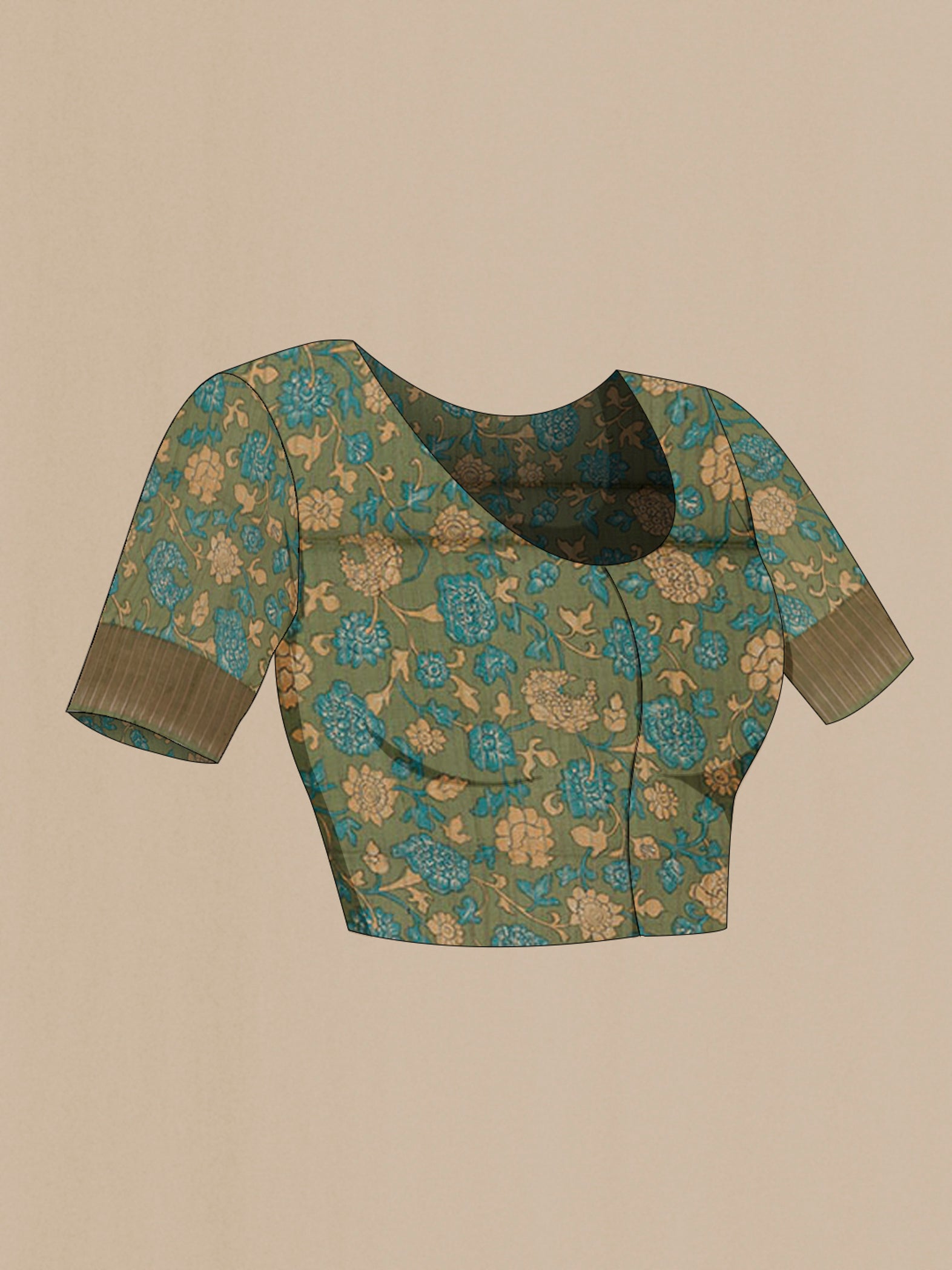 Close up image of the blouse of Sea Green Tussar Saree with Thread Butta on the body and Zari Border. 