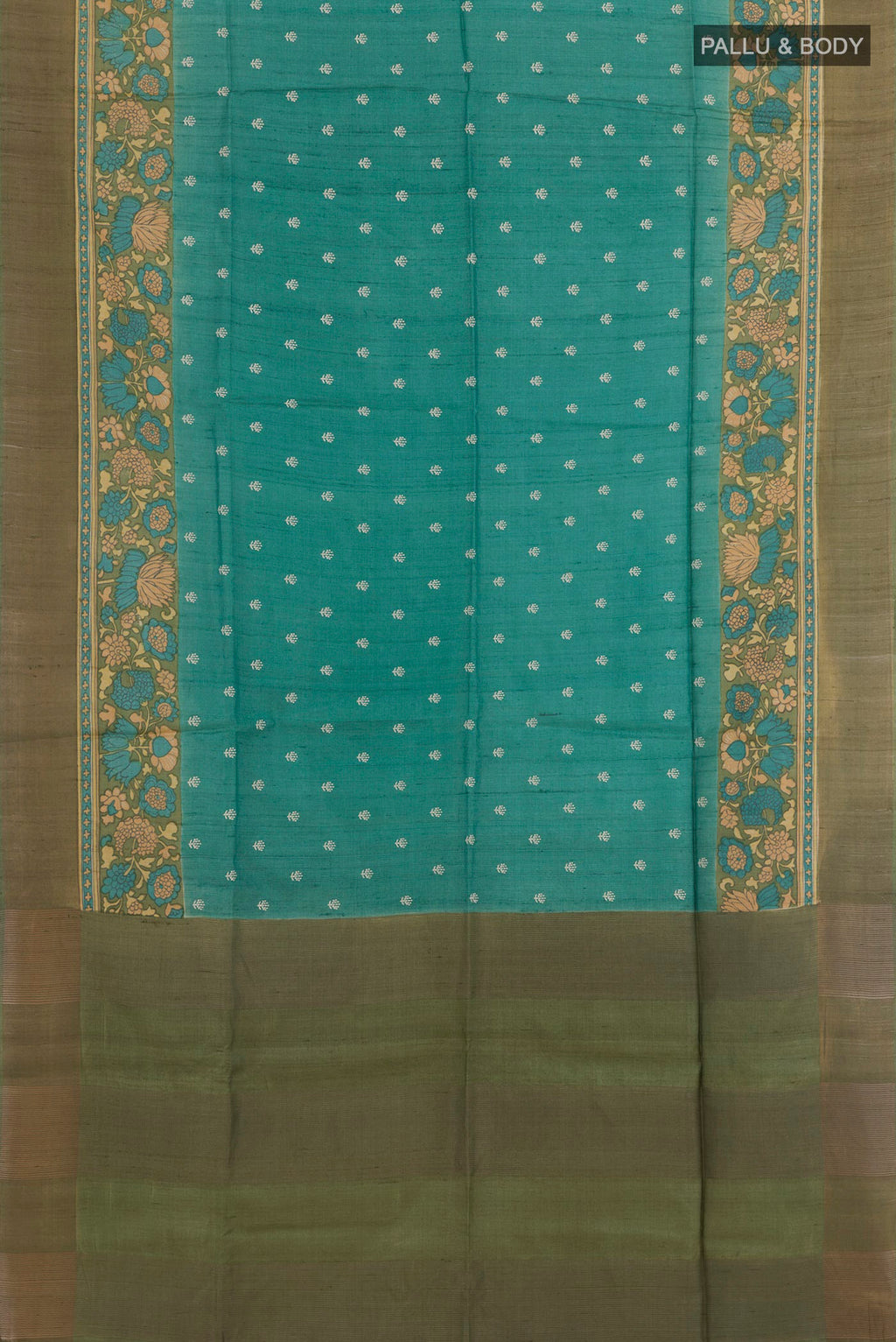 Flat view of Sea Green Tussar Saree with Thread Butta on the body and Zari Border. 