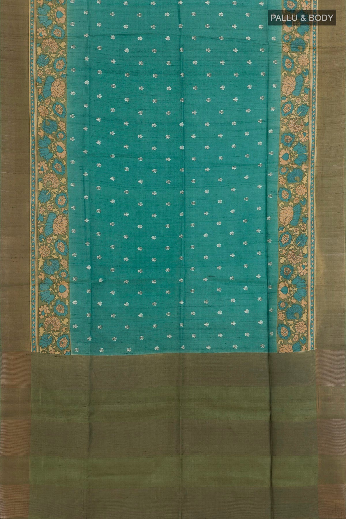 Flat view of Sea Green Tussar Saree with Thread Butta on the body and Zari Border. 