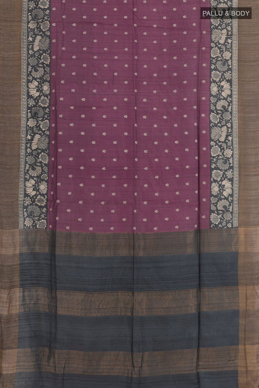 Flat view of Purple Tussar Saree with Thread Butta on the body and Zari Border. 