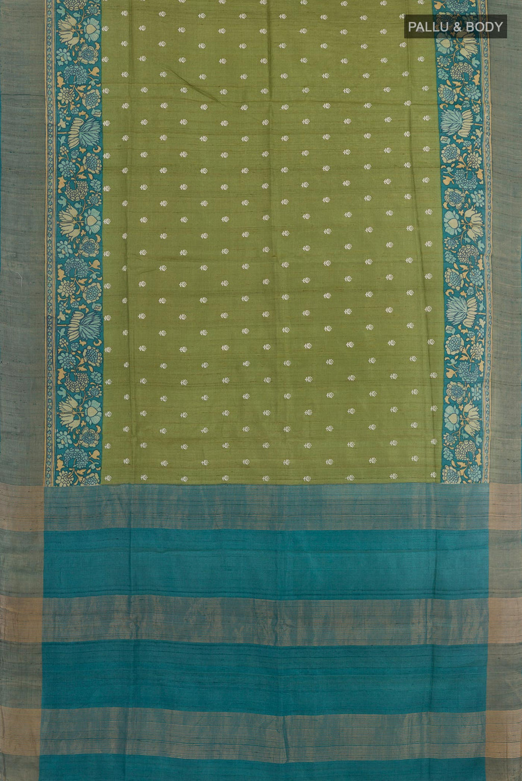 Flat view of Green Tussar Saree with Thread Butta on the body and Zari Border. 