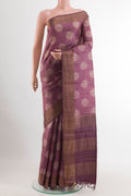 Purple Tussar Saree with Printed design on the body and Zari Border.  displayed on a mannequin
