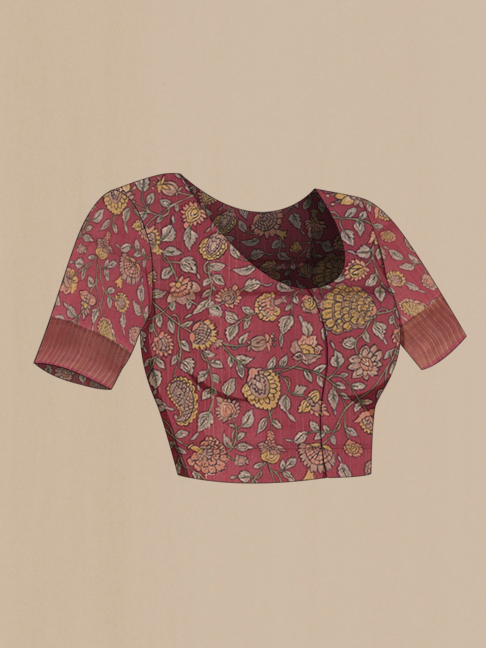 Close up image of the blouse of Maroon Tussar Saree with Printed design on the body and Zari Border. 