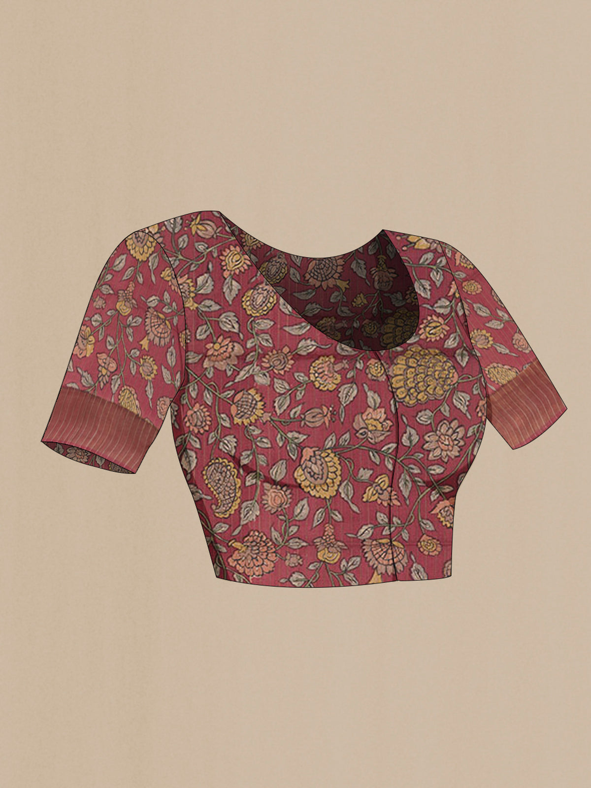 Close up image of the blouse of Maroon Tussar Saree with Printed design on the body and Zari Border. 