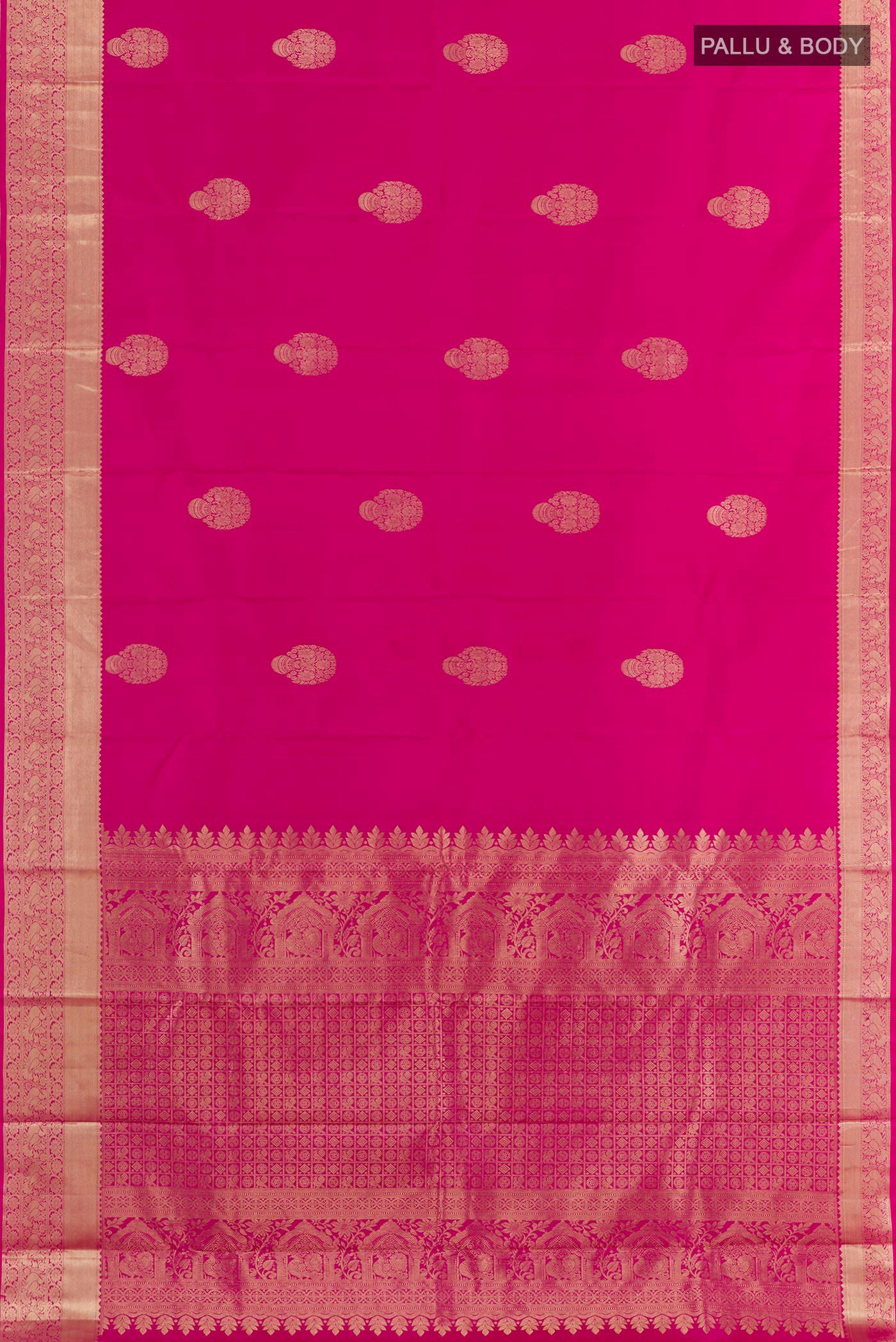 Flat view of Rani Pink Kanchipuram Silk Saree with Zari Butta on the body and Zari Border. 