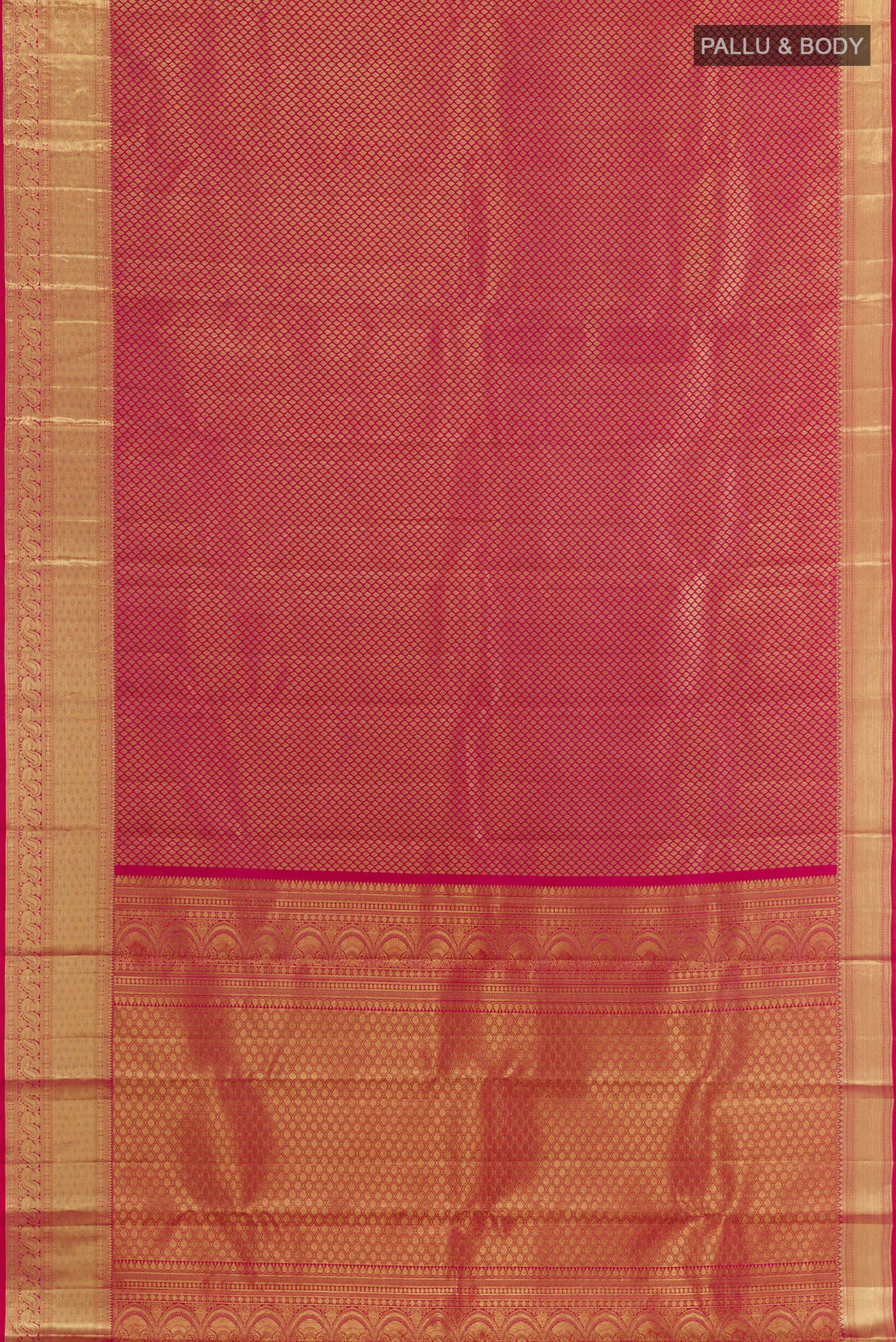 Flat view of Red Kanchipuram Silk Saree with Zari Brocade on the body and Zari Border. 