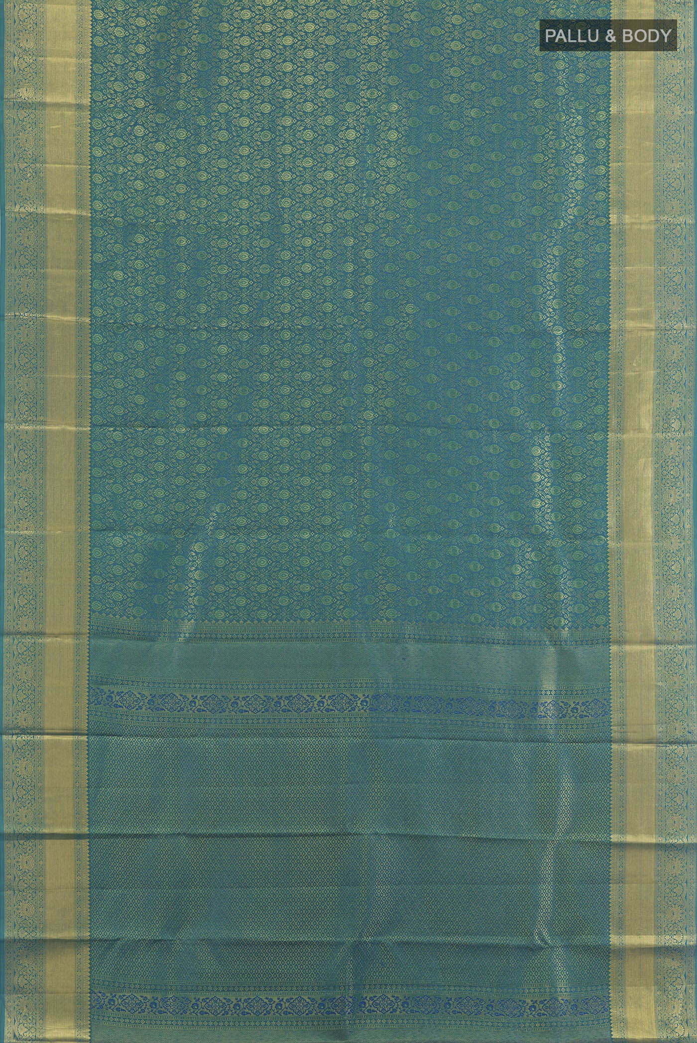 Flat view of Sea Green Kanchipuram Silk Saree with Zari Brocade on the body and Zari Border. 