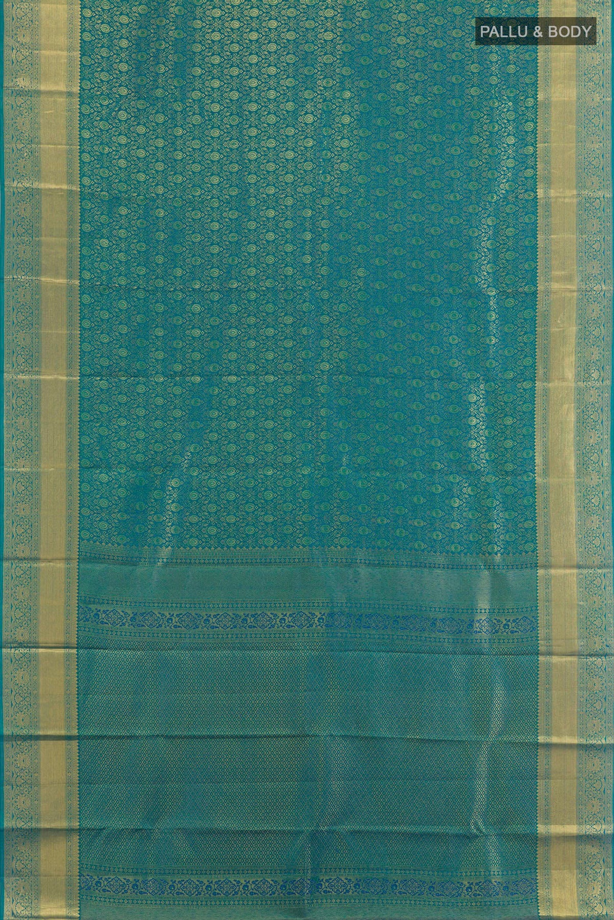 Flat view of Sea Green Kanchipuram Silk Saree with Zari Brocade on the body and Zari Border. 