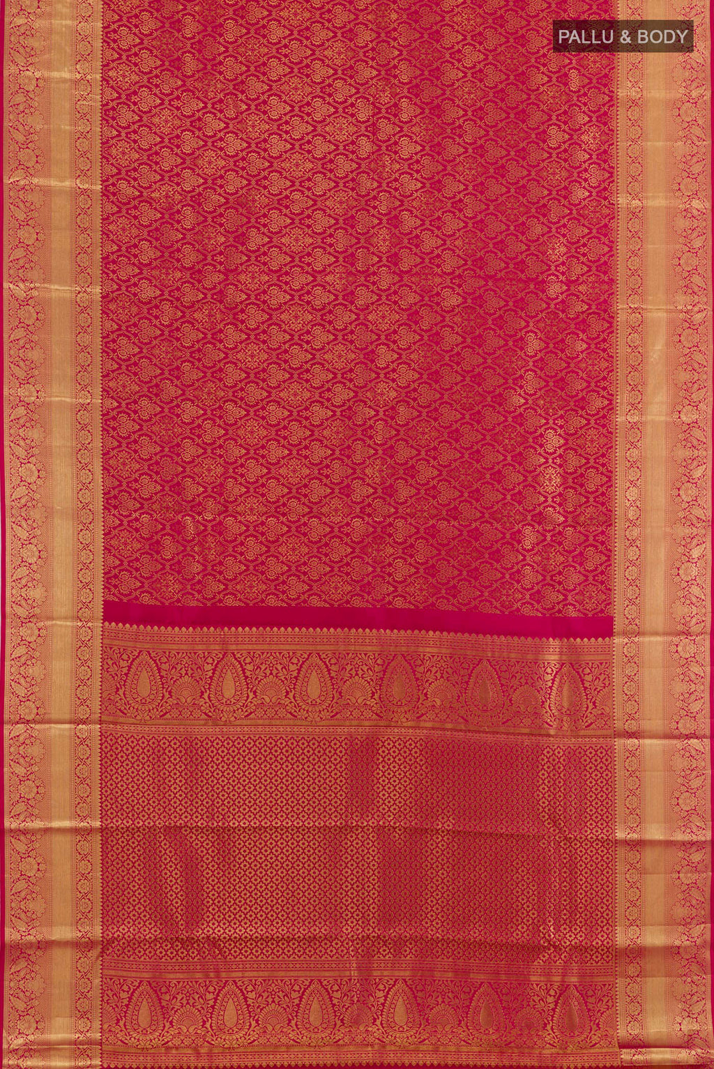 Flat view of Rani Pink Kanchipuram Silk Saree with Zari Brocade on the body and Zari Border. 