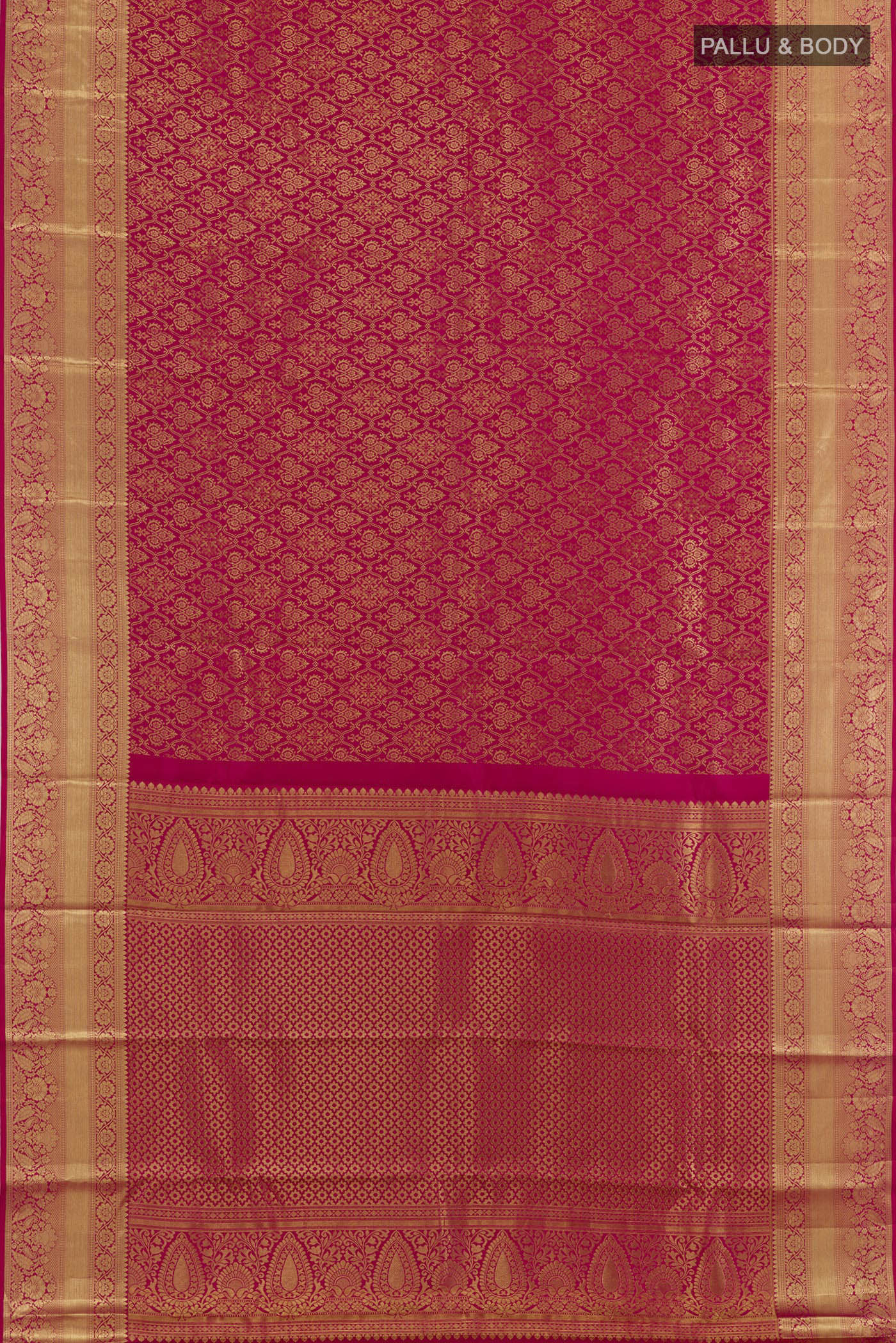 Flat view of Rani Pink Kanchipuram Silk Saree with Zari Brocade on the body and Zari Border. 