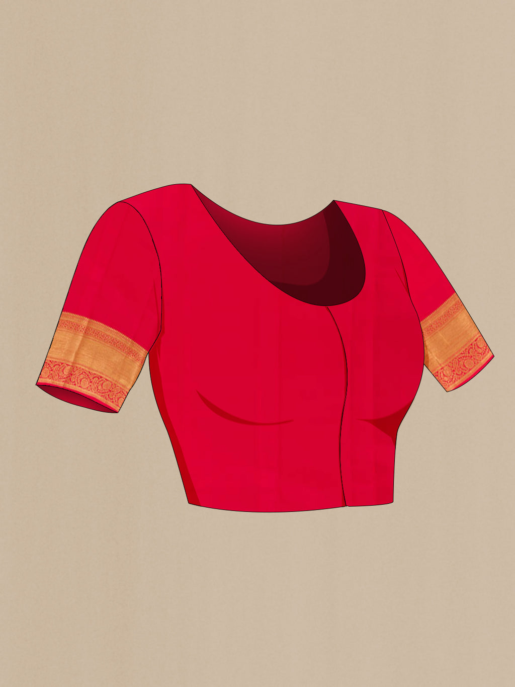 Close up image of the blouse of Red Kanchipuram Silk Saree with Zari Brocade on the body and Zari Border. 