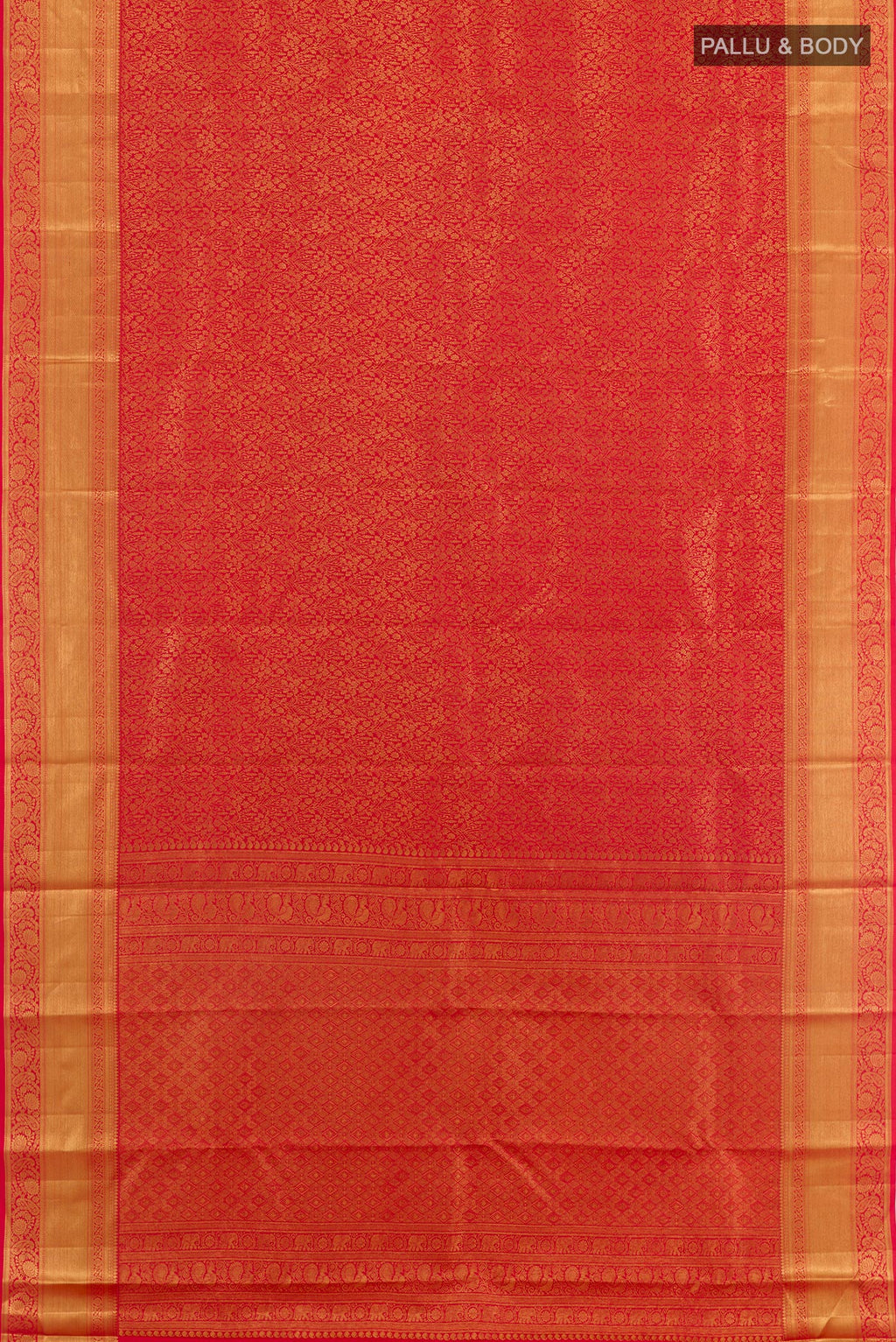 Flat view of Red Kanchipuram Silk Saree with Zari Brocade on the body and Zari Border. 