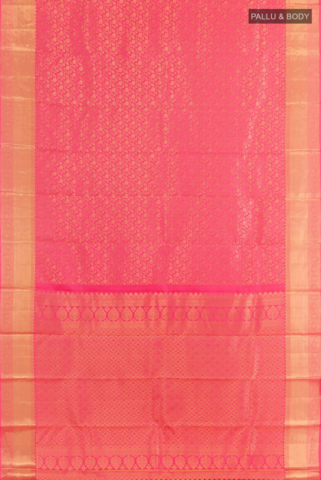 Flat view of Pink Kanchipuram Silk Saree with Zari Brocade on the body and Zari Border. 