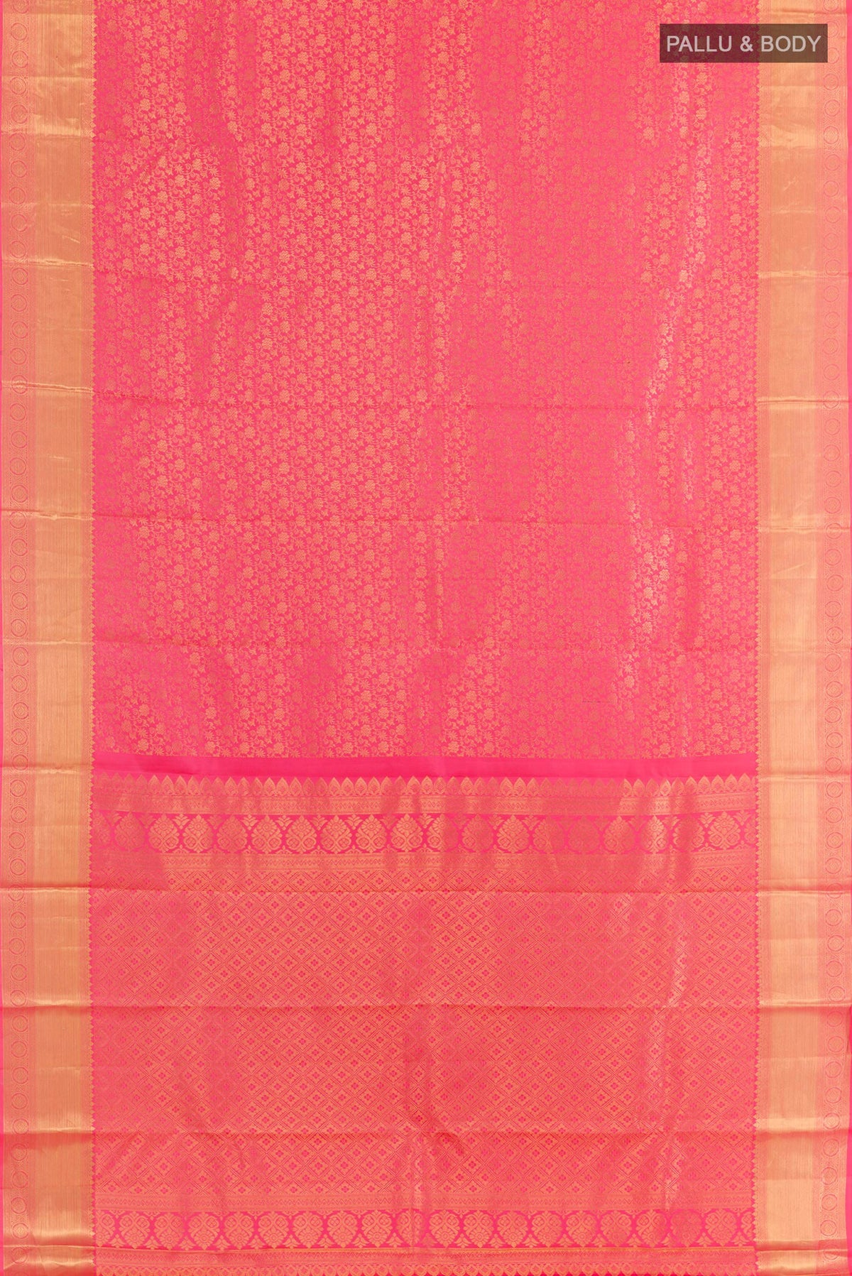 Flat view of Pink Kanchipuram Silk Saree with Zari Brocade on the body and Zari Border. 