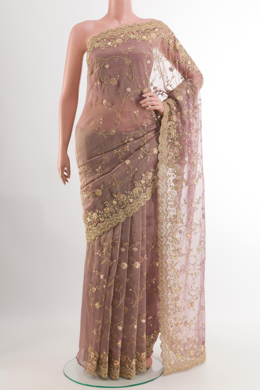 Lavender Blended Art Silk Saree with Embroidery on the body and Embroidery Border.  displayed on a mannequin