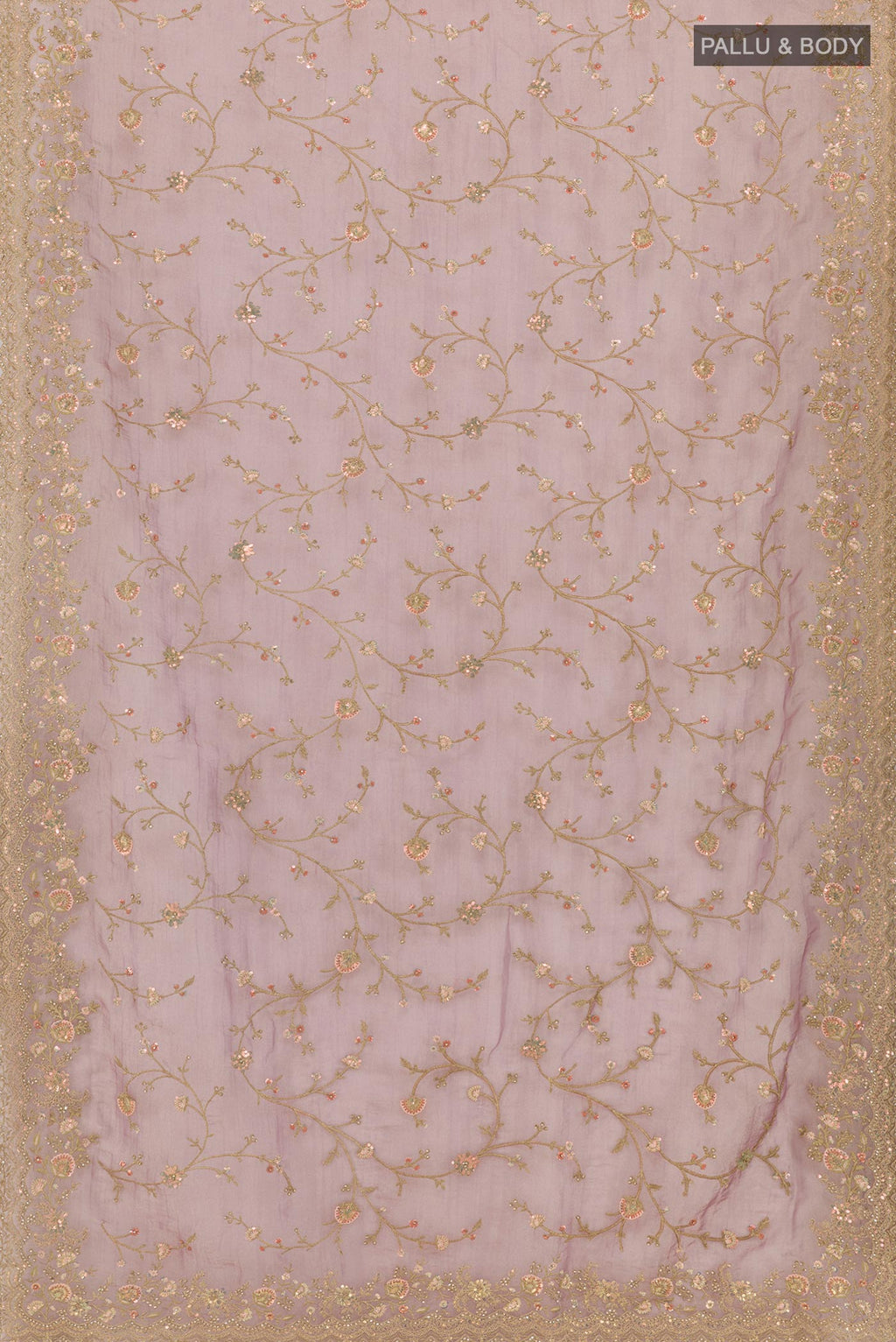 Flat view of Lavender Blended Art Silk Saree with Embroidery on the body and Embroidery Border. 