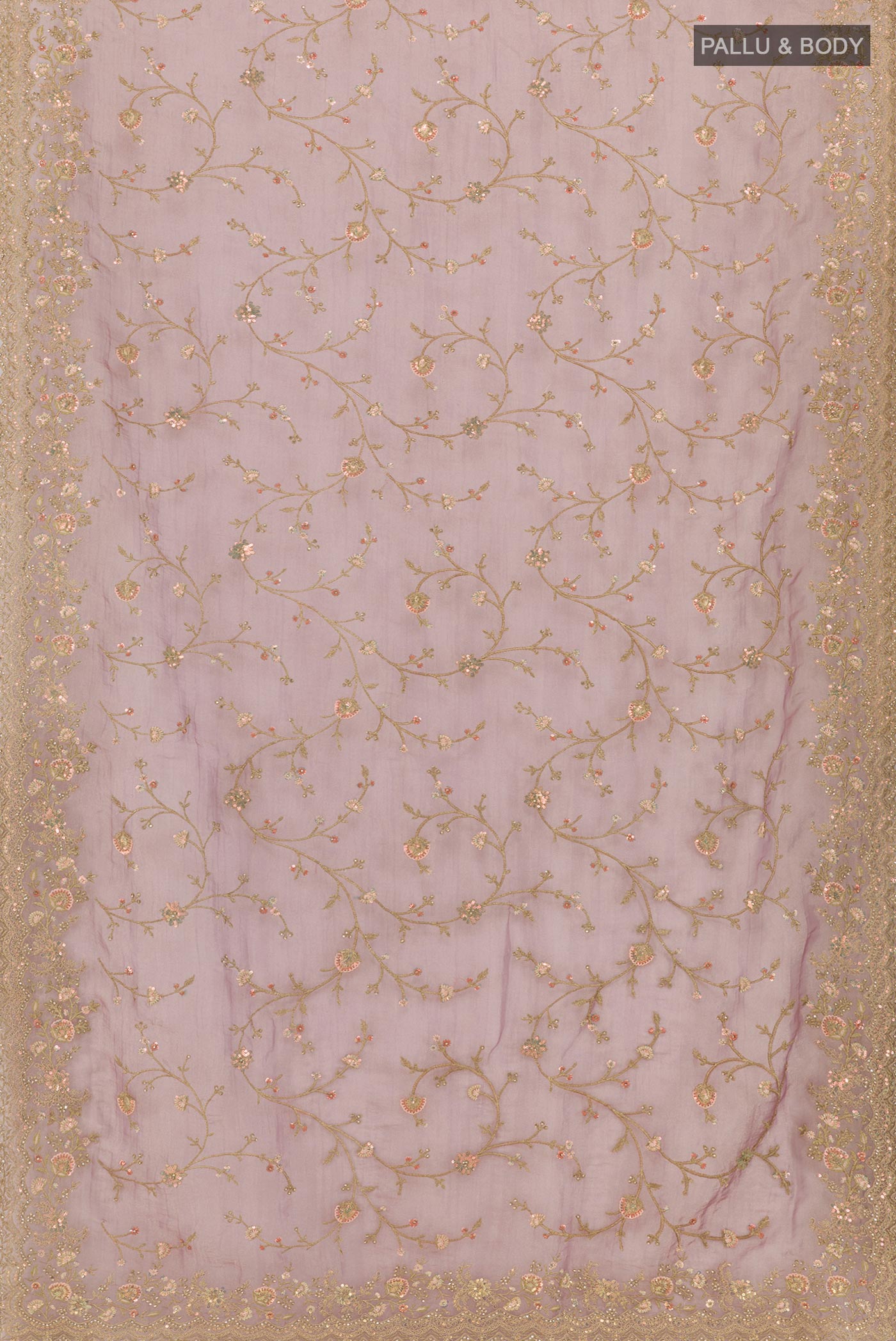 Flat view of Lavender Blended Art Silk Saree with Embroidery on the body and Embroidery Border. 