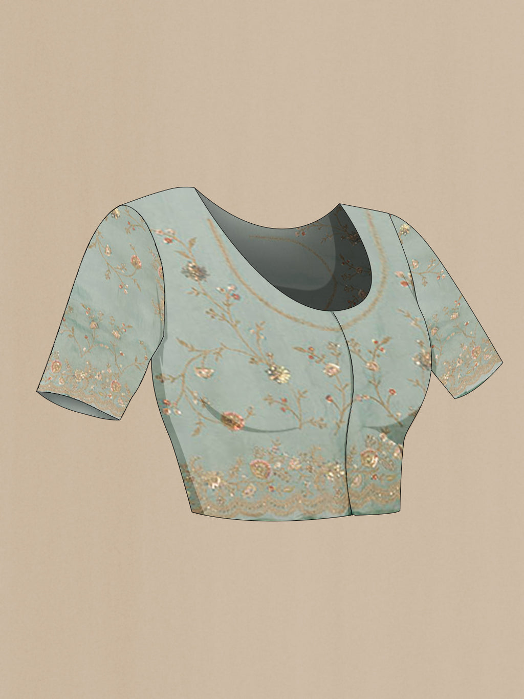 Close up image of the blouse of Sea Green Blended Art Silk Saree with Embroidery on the body and Embroidery Border. 