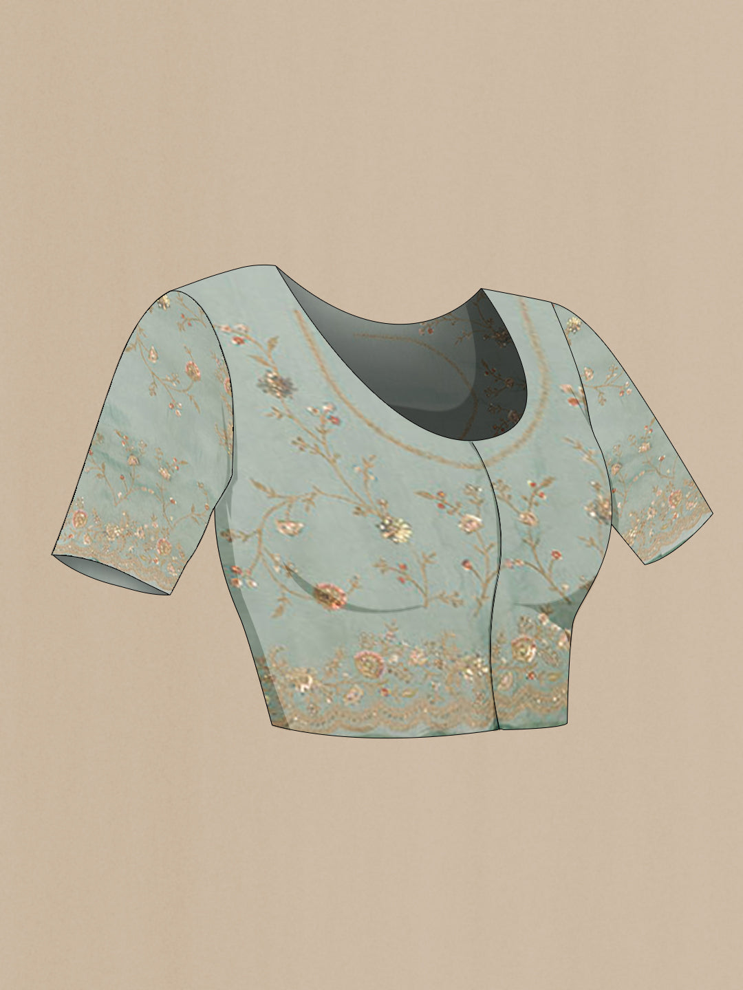 Close up image of the blouse of Sea Green Blended Art Silk Saree with Embroidery on the body and Embroidery Border. 