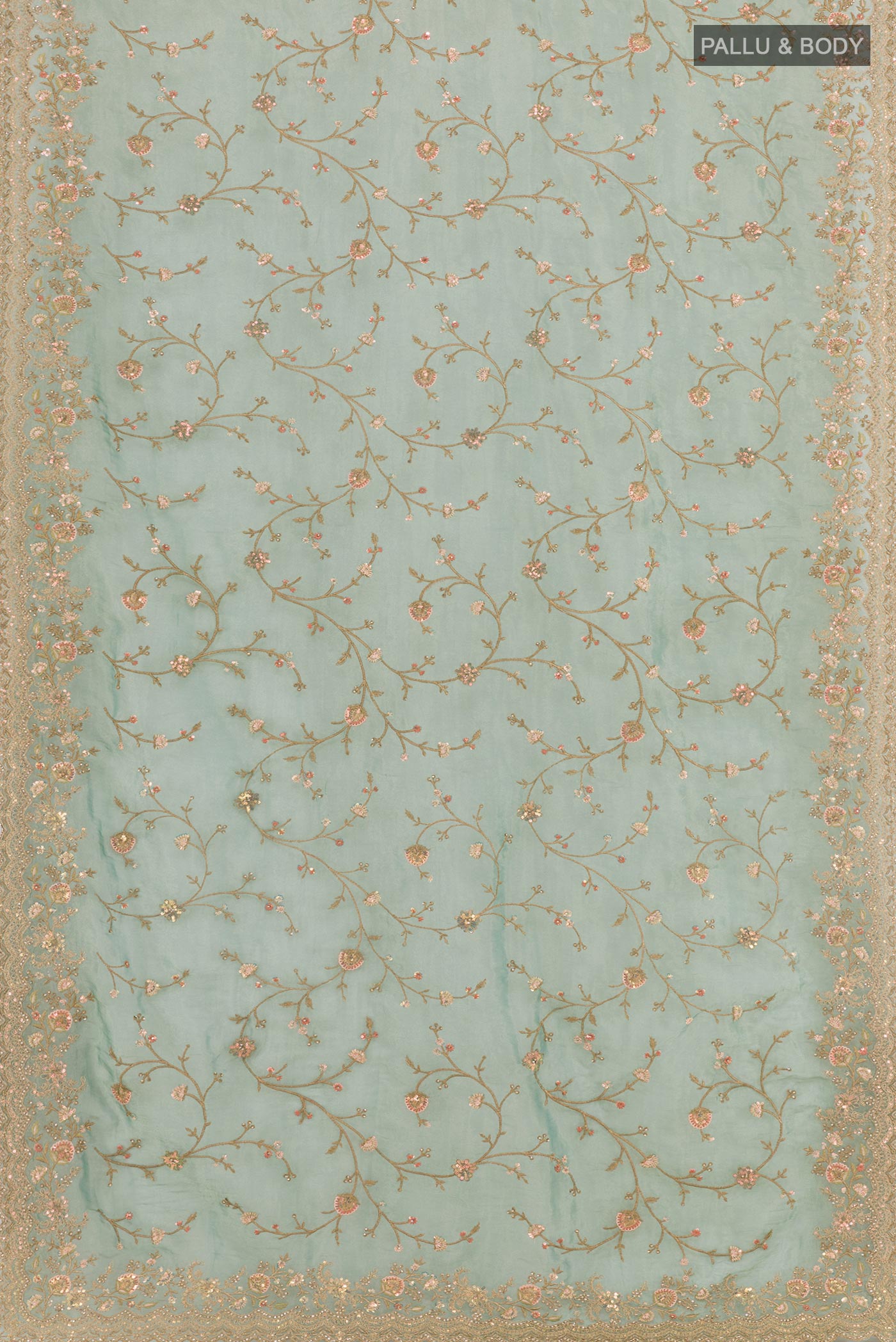Flat view of Sea Green Blended Art Silk Saree with Embroidery on the body and Embroidery Border. 